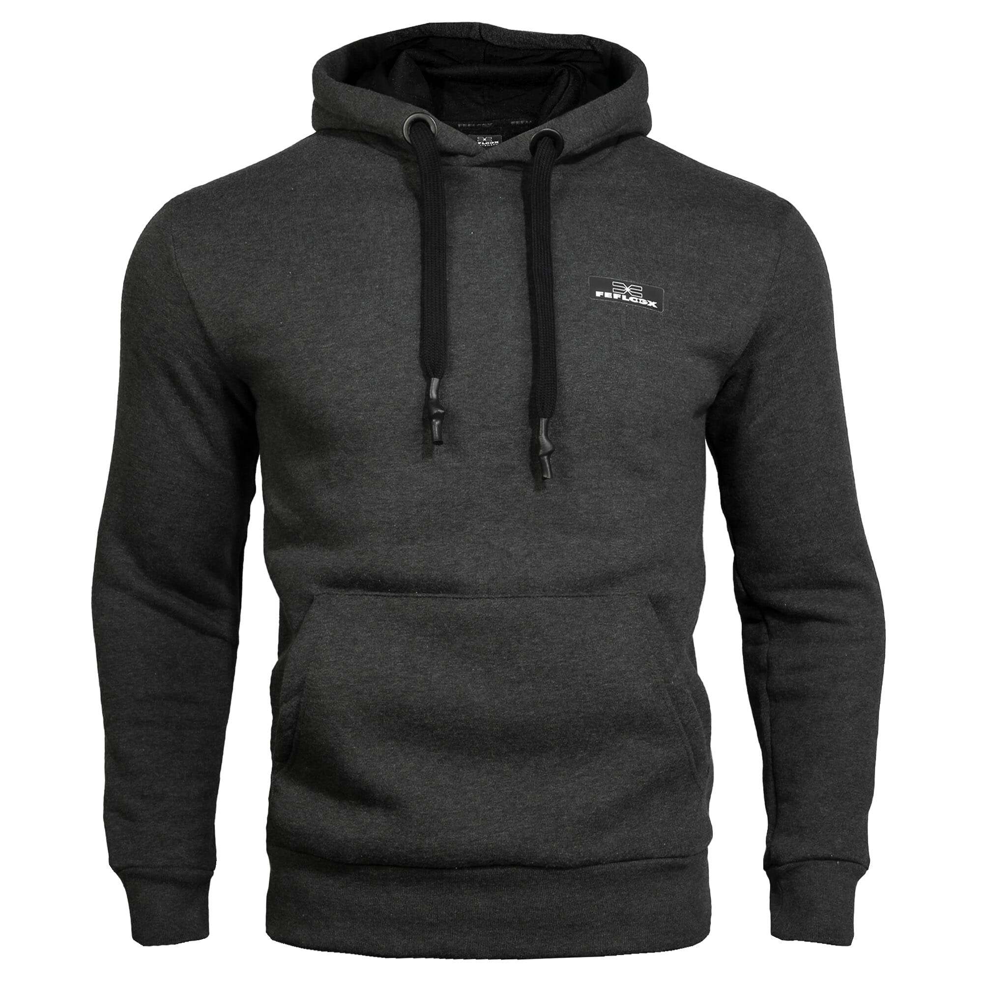 FEFLOGX Sportswear Herren Men Hoody EXC Move. Gemühtlicher Hoodie, grau, für Freizeit, Sport, MMA, Kampfsport, Fitness, vordere Ansicht des Kapuzen Pullovers. Freizeit & Sportkleidung Herren. FFX Herren Hoody EXC Move