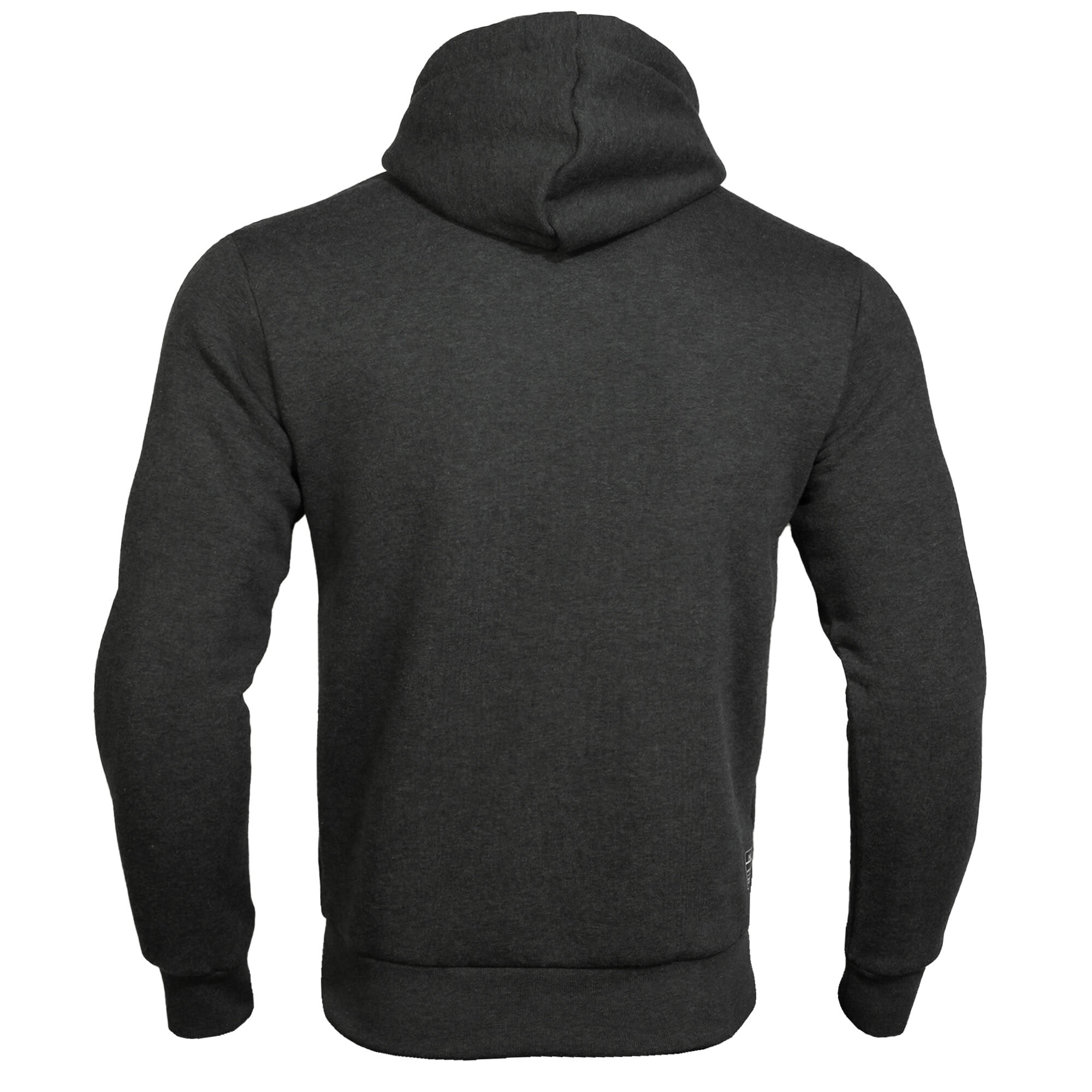FEFLOGX Sportswear Herren Men Hoody EXC Move. Gemühtlicher Hoodie, grau, für Freizeit, Sport, MMA, Kampfsport, Fitness, hintere Ansicht des Kapuzen Pullovers. Sportkleidung Herren. FFX Herren Hoody EXC Move