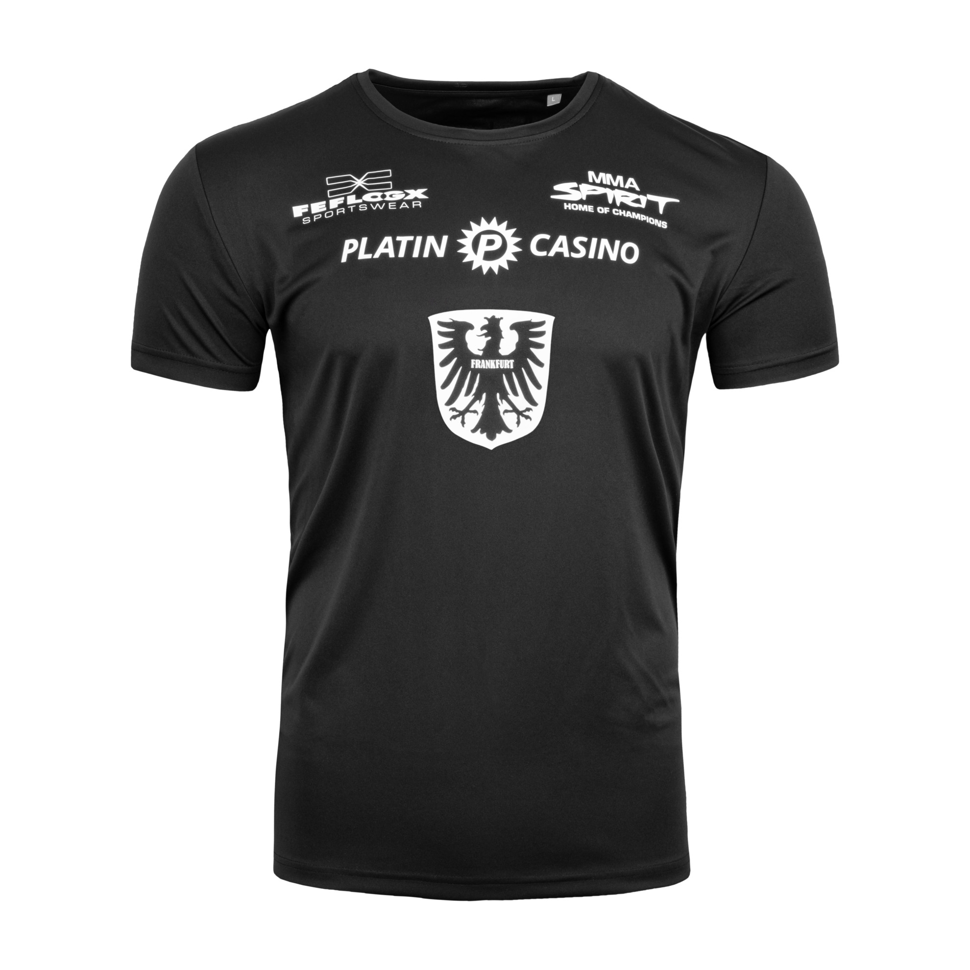 FEFLOGX Sportswear Support Shirt & Fanshirt mit MMA Fighter Christian Eckerlin aus dem MMA Spirit aus Frankfurt am Main, Oktagon MMA, Bellator MMA, KSW MMA, UFC, Team Eckerlin, Sportshirt, T-Shirt, MMA Shirt, Trainingsshirt, vordere Ansicht mit Frankfurter Stadtwappen Logo, Farbe schwarz. FFX Support Fanshirt MMA Spirit Fighter Christian Eckerlin X FEFLOGX