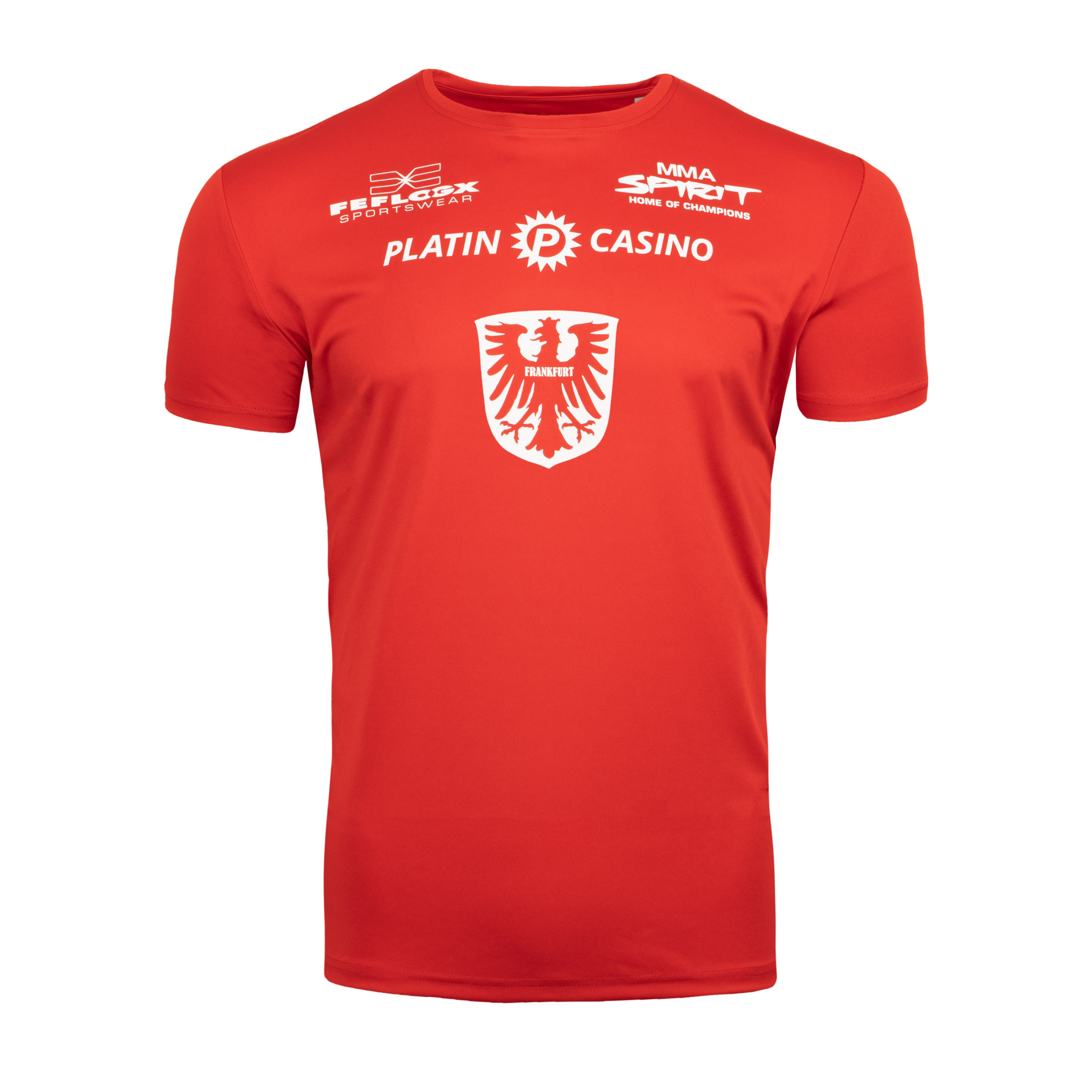 FEFLOGX Sportswear Support Shirt & Fanshirt mit MMA Fighter Christian Eckerlin aus dem MMA Spirit aus Frankfurt am Main, Oktagon MMA, Bellator MMA, KSW MMA, UFC, Team Eckerlin, Sportshirt, T-Shirt, MMA Shirt, Trainingsshirt, vordere Ansicht mit Frankfurter Stadtwappen Logo, Farbe rot. FFX Support Fanshirt MMA Spirit Fighter Christian Eckerlin X FEFLOGX