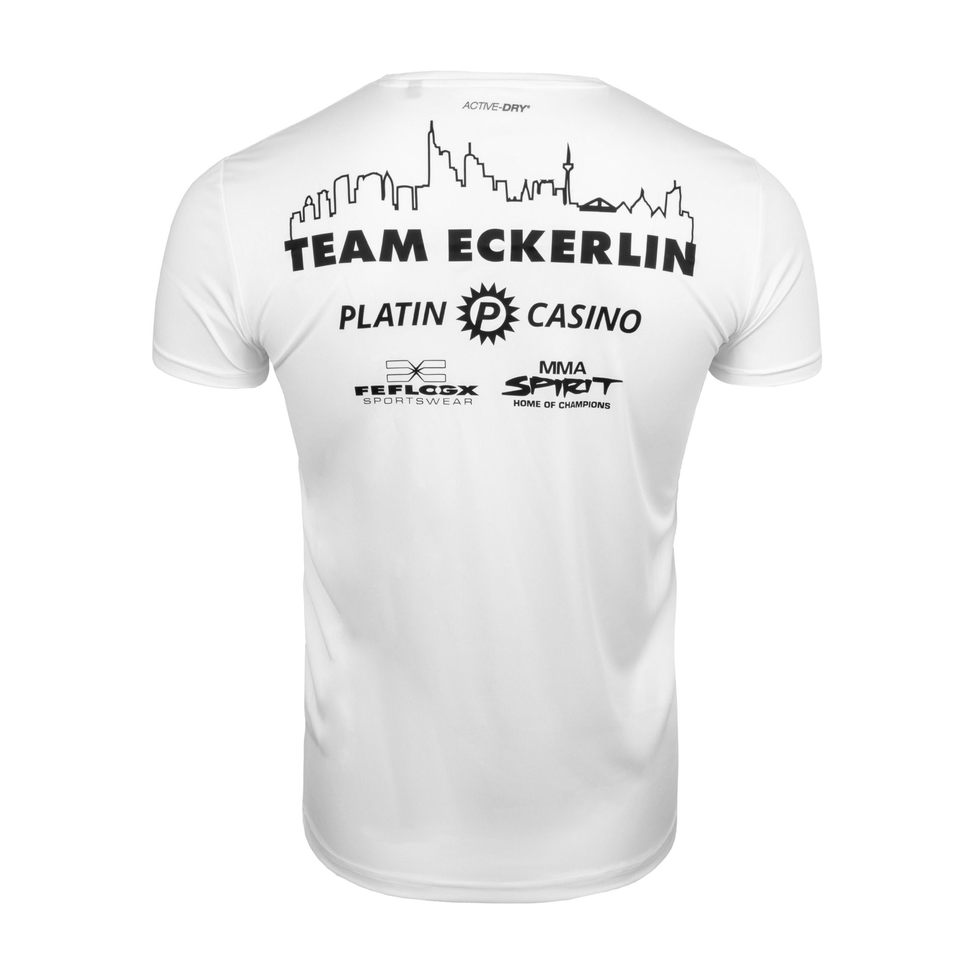FEFLOGX Sportswear Support Shirt & Fanshirt mit MMA Fighter Christian Eckerlin aus dem MMA Spirit aus Frankfurt am Main, Oktagon MMA, Bellator MMA, KSW MMA, UFC, Team Eckerlin, Sportshirt, T-Shirt, MMA Shirt, Trainingsshirt, hintere Ansicht mit Frankfurter Stadtwappen Logo, Farbe Weiß. FFX Support Fanshirt MMA Spirit Fighter Christian Eckerlin X FEFLOGX