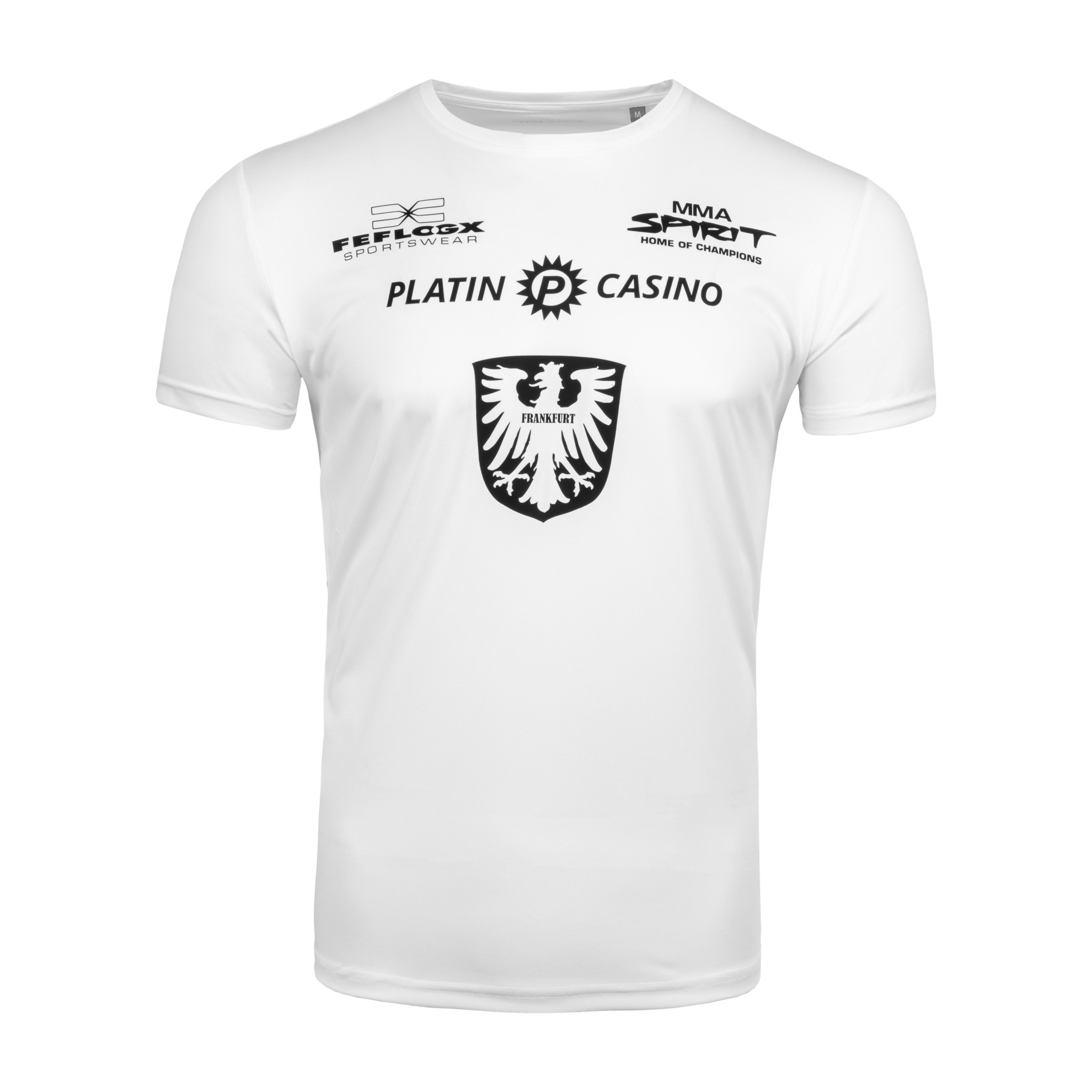 FEFLOGX Sportswear Support Shirt & Fanshirt mit MMA Fighter Christian Eckerlin aus dem MMA Spirit aus Frankfurt am Main, Oktagon MMA, Bellator MMA, KSW MMA, UFC, Team Eckerlin, Sportshirt, T-Shirt, MMA Shirt, Trainingsshirt, vordere Ansicht mit Frankfurter Stadtwappen Logo, Farbe weiß. FFX Support Fanshirt MMA Spirit Fighter Christian Eckerlin X FEFLOGX