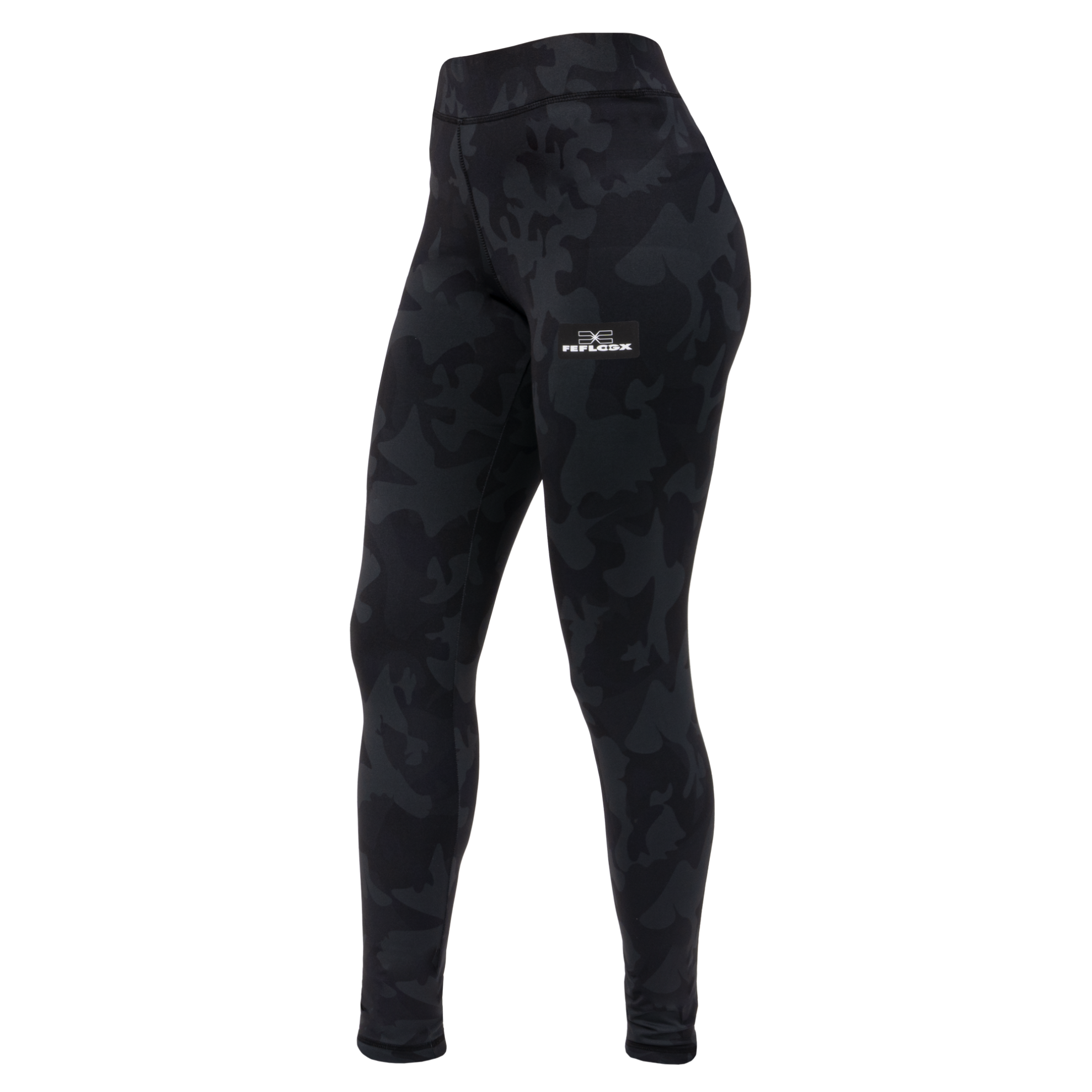Damen Leggings Camouflage EXC Move Sport, schwarz, FEFLOGX Sportswear, vorne Ansicht. FFX Damen Leggings EXC Move