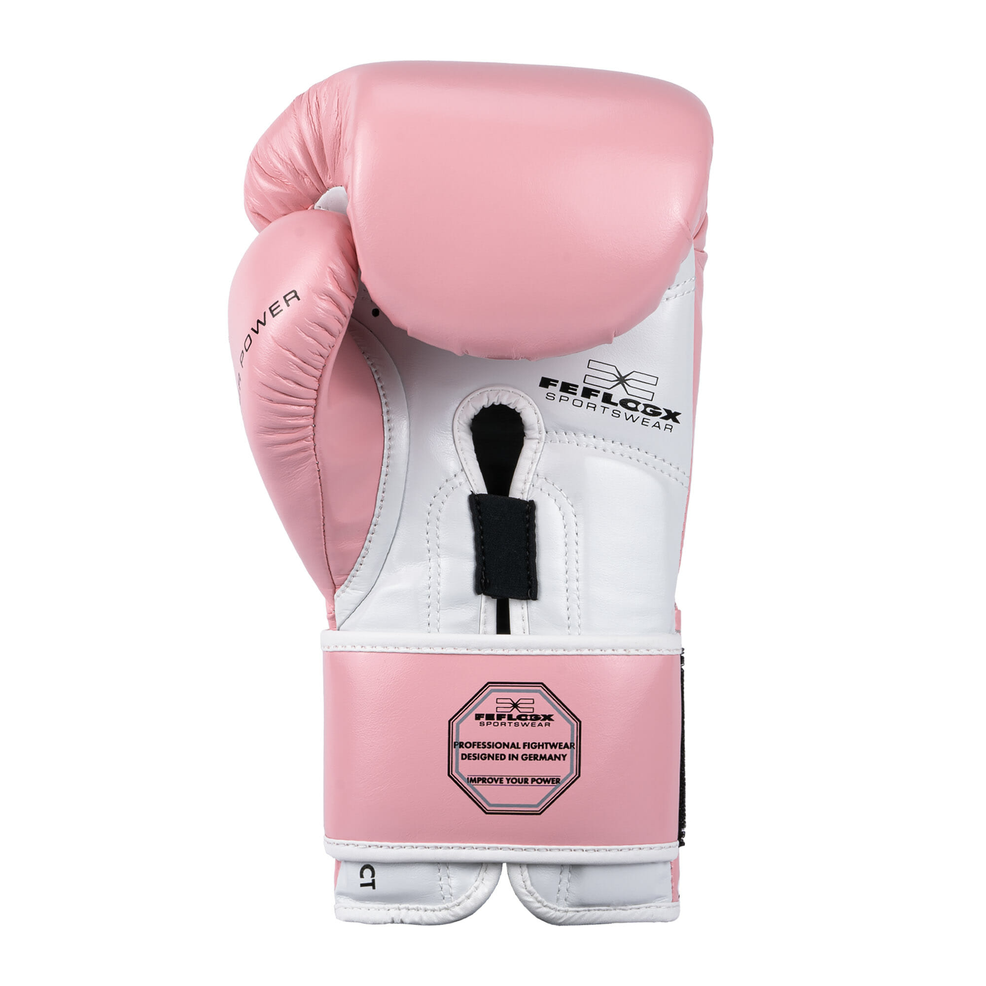FFX Pro Boxhandschuhe Performance Striker von FEFLOGX Sportswear. Professionelle Kick Box Handschuhe, ultra hochwertig, Boxing-Gloves für max. Power, Kickbox Handschuhe, Muay Thai Handschuhe, Boxen Handschuhe Sparring, Boxsack-Handschuhe. Größen: 8oz, 10 oz, 12 oz, 14 oz, 16 oz. Farben: schwarz, rosa, olivgrün & weiß. Foto der Handfläche eines rosa Boxhandschuhs (4). FFX High-Level Multi Mundschutz Pro Fight Performance
