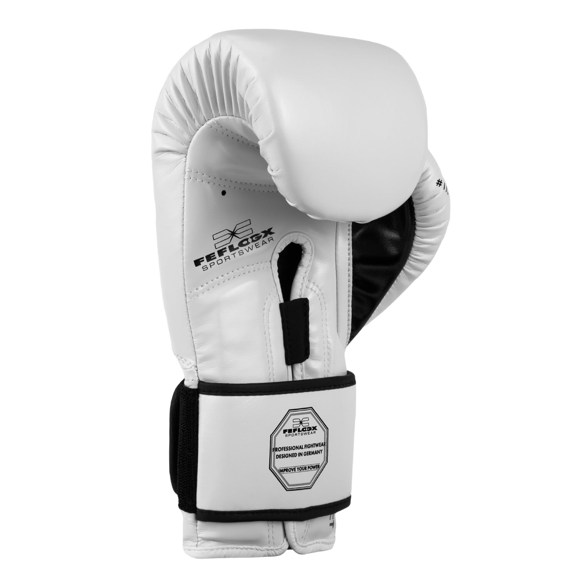 FFX Pro Boxhandschuhe Performance Striker von FEFLOGX Sportswear. Professionelle Kick Box Handschuhe, ultra hochwertig, Boxing-Gloves für max. Power, Kickbox Handschuhe, Muay Thai Handschuhe, Boxen Handschuhe Sparring, Boxsack-Handschuhe. Größen: 8oz, 10 oz, 12 oz, 14 oz, 16 oz. Farben: schwarz, rosa, olivgrün & weiß. Foto der Handfläche eines weißen Boxhandschuhs (4). FFX High-Level Multi Mundschutz Pro Fight Performance