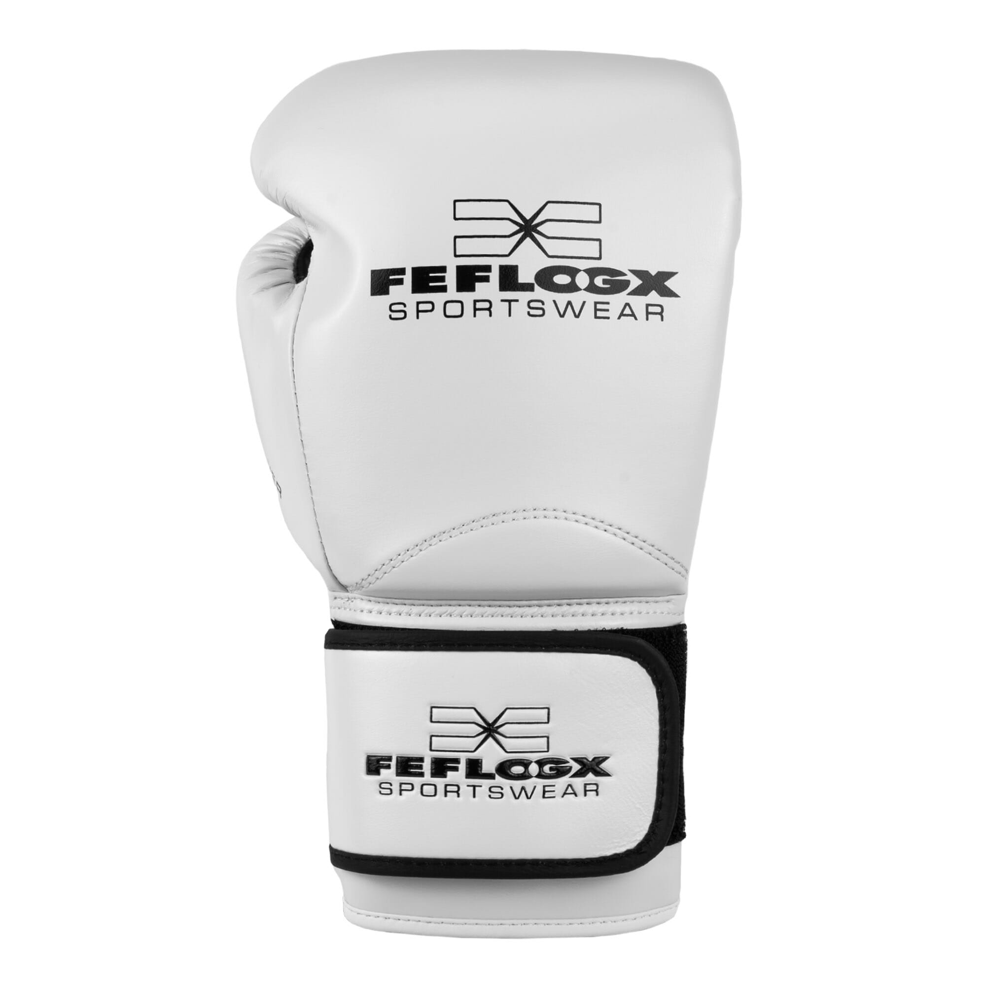 FFX Pro Boxhandschuhe Performance Striker von FEFLOGX Sportswear. Professionelle Kick Box Handschuhe, ultra hochwertig, Boxing-Gloves für max. Power, Kickbox Handschuhe, Muay Thai Handschuhe, Boxen Handschuhe Sparring, Boxsack-Handschuhe. Größen: 8oz, 10 oz, 12 oz, 14 oz, 16 oz. Farben: schwarz, rosa, olivgrün & weiß. Foto Handrücken eines weißen Boxhandschuhs. FFX High-Level Multi Mundschutz Pro Fight Performance