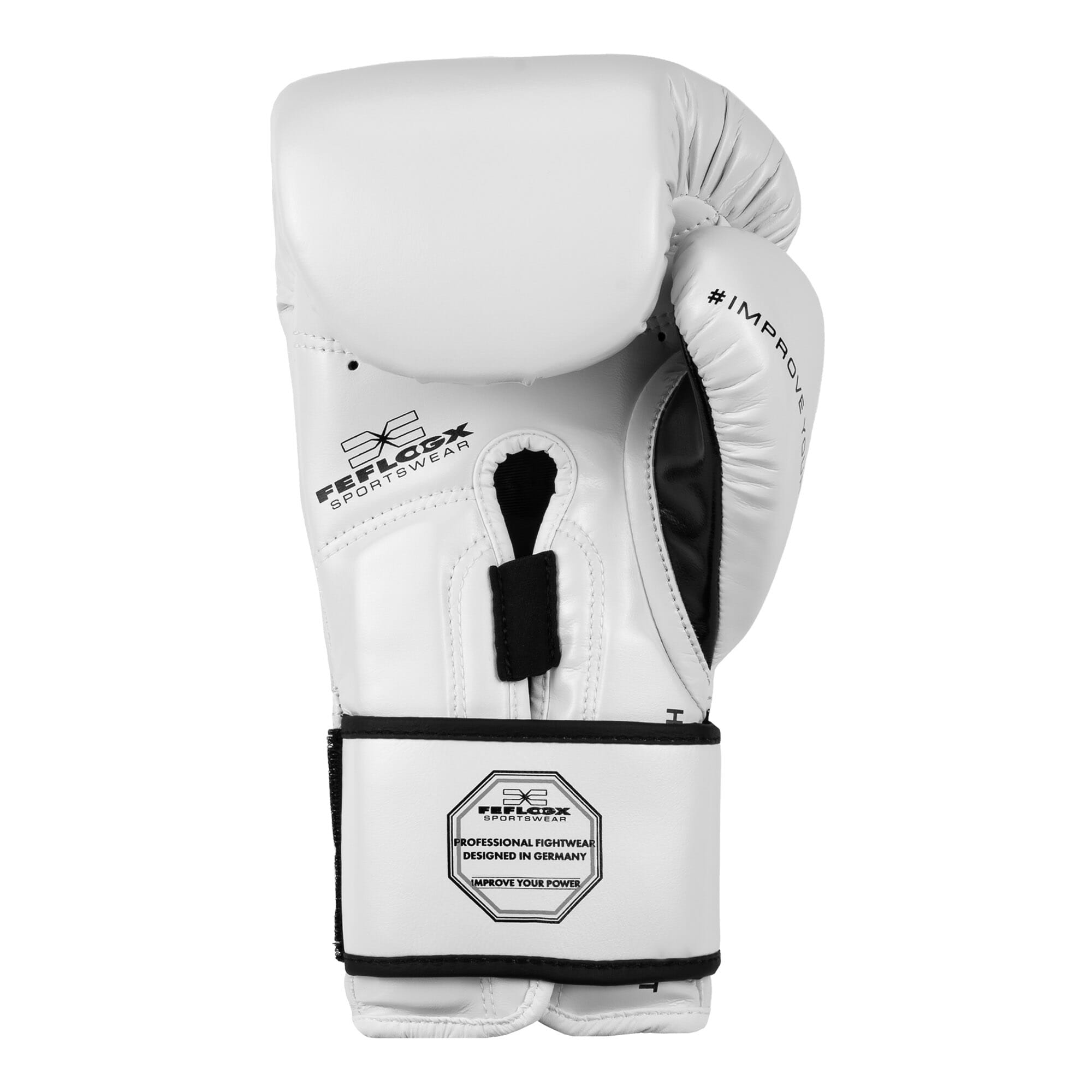 FFX Pro Boxhandschuhe Performance Striker von FEFLOGX Sportswear. Professionelle Kick Box Handschuhe, ultra hochwertig, Boxing-Gloves für max. Power, Kickbox Handschuhe, Muay Thai Handschuhe, Boxen Handschuhe Sparring, Boxsack-Handschuhe. Größen: 8oz, 10 oz, 12 oz, 14 oz, 16 oz. Farben: schwarz, rosa, olivgrün & weiß. Foto der Handfläche eines weißen Boxhandschuhs (2). FFX High-Level Multi Mundschutz Pro Fight Performance