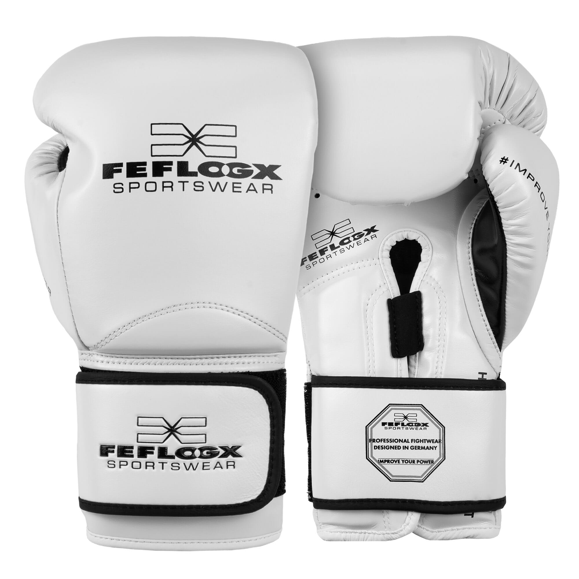 FFX Pro Boxhandschuhe Performance Striker von FEFLOGX Sportswear. Professionelle Kick Box Handschuhe, ultra hochwertig, Boxing-Gloves für max. Power, Kickbox Handschuhe, Muay Thai Handschuhe, Boxen Handschuhe Sparring, Boxsack-Handschuhe. Größen: 8oz, 10 oz, 12 oz, 14 oz, 16 oz. Farben: schwarz, rosa, olivgrün & weiß. Foto vorne & hinten eines Paar weißer Boxhandschuhe. FFX High-Level Multi Mundschutz Pro Fight Performance
