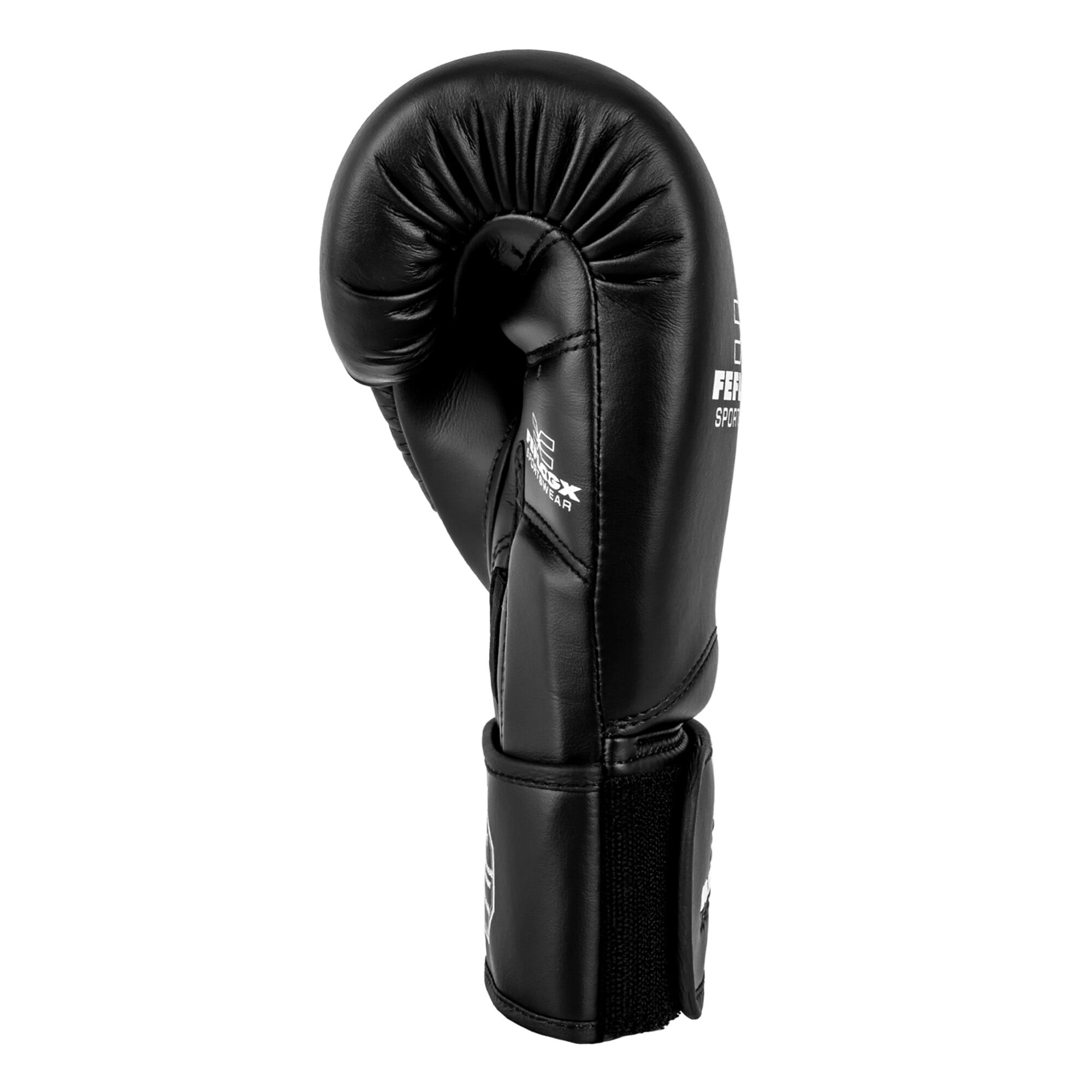 FFX Pro Boxhandschuhe Performance Striker von FEFLOGX Sportswear. Professionelle Kick Box Handschuhe, ultra hochwertig, Boxing-Gloves für max. Power, Kickbox Handschuhe, Muay Thai Handschuhe, Boxen Handschuhe Sparring, Boxsack-Handschuhe. Größen: 8oz, 10 oz, 12 oz, 14 oz, 16 oz. Farben: schwarz, rosa, olivgrün & weiß. Foto der Seite eines schwarzen Boxhandschuhs (1). FFX High-Level Multi Mundschutz Pro Fight Performance