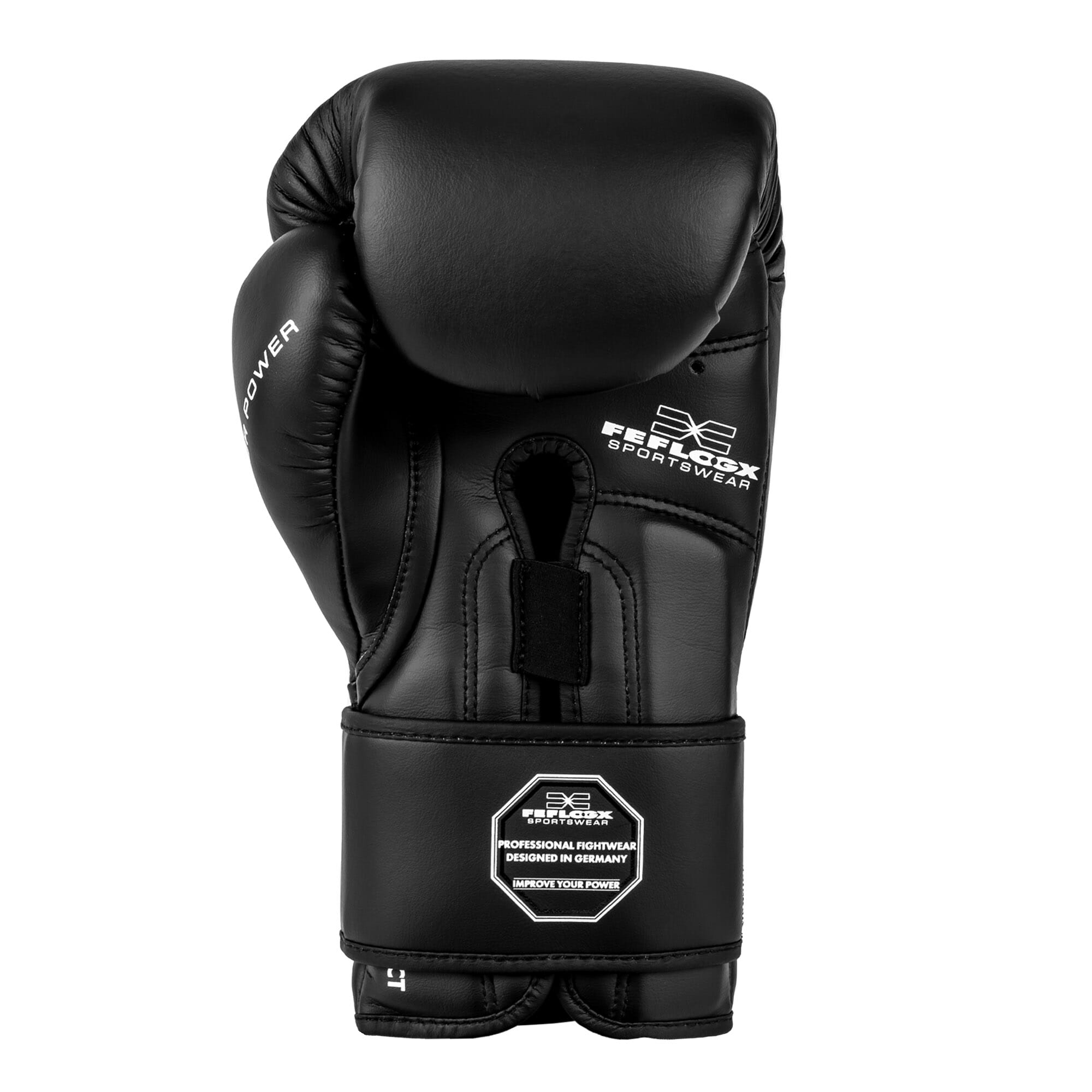 FFX Pro Boxhandschuhe Performance Striker von FEFLOGX Sportswear. Professionelle Kick Box Handschuhe, ultra hochwertig, Boxing-Gloves für max. Power, Kickbox Handschuhe, Muay Thai Handschuhe, Boxen Handschuhe Sparring, Boxsack-Handschuhe. Größen: 8oz, 10 oz, 12 oz, 14 oz, 16 oz. Farben: schwarz, rosa, olivgrün & weiß. Foto der Handfläche eines schwarzen Boxhandschuhs (6). FFX High-Level Multi Mundschutz Pro Fight Performance