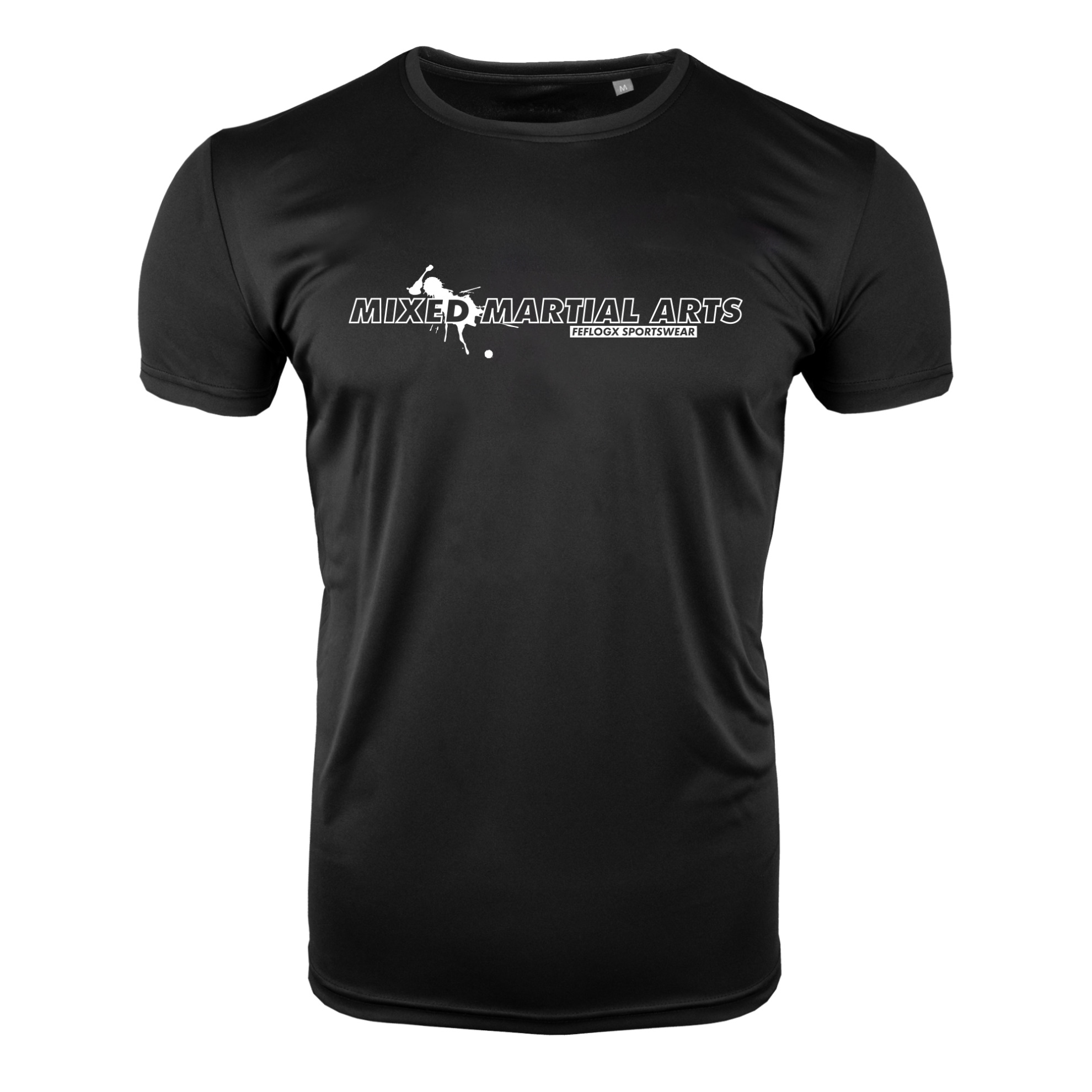 FFX Pro MMA Shirt Extreme Strike by FEFLOGX Sportswear, Sportshirt super bequem, hoch komfortables Basic T Shirt Lifestyle, High Performance Sport Shirt, UFC MMA Shirt, UFC MMA T Shirt, Mixed Martial Arts (MMA) Schriftzug mit Blut Spritzern, für Herren, Damen, Unisex, in weiß & schwarz, Vorderseite schwarzes Shirt. FFX Pro MMA Shirt Extreme Strike