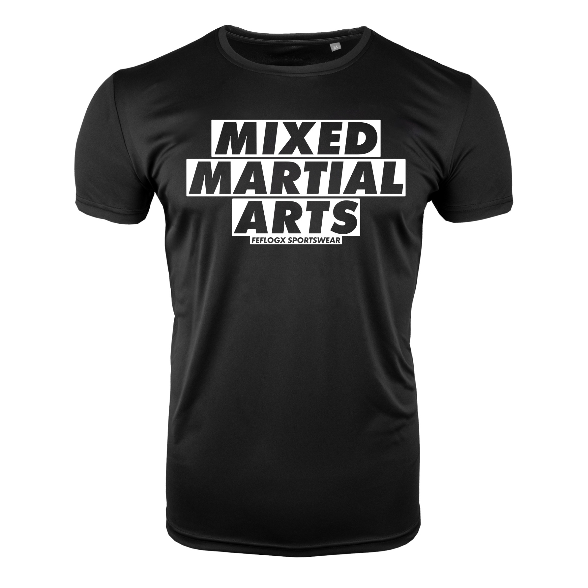 FFX Mixed Martial Arts MMA T-Shirt Fight Striker by FEFLOGX Sportswear, Sportshirt super bequem, hoch komfortables Basic Lifestyle T Shirt, High Performance Sportshirt, UFC MMA Shirt, UFC, MMA T Shirt, Herren Shirt, Damen Shirt, Mixed Martial Arts Shirt (MMA), großer Schriftzug untereinander, für Herren, Damen, Unisex, in weiß & schwarz, Vorderseite schwarzes Shirt. FFX Pro MMA Shirt Extreme Strike