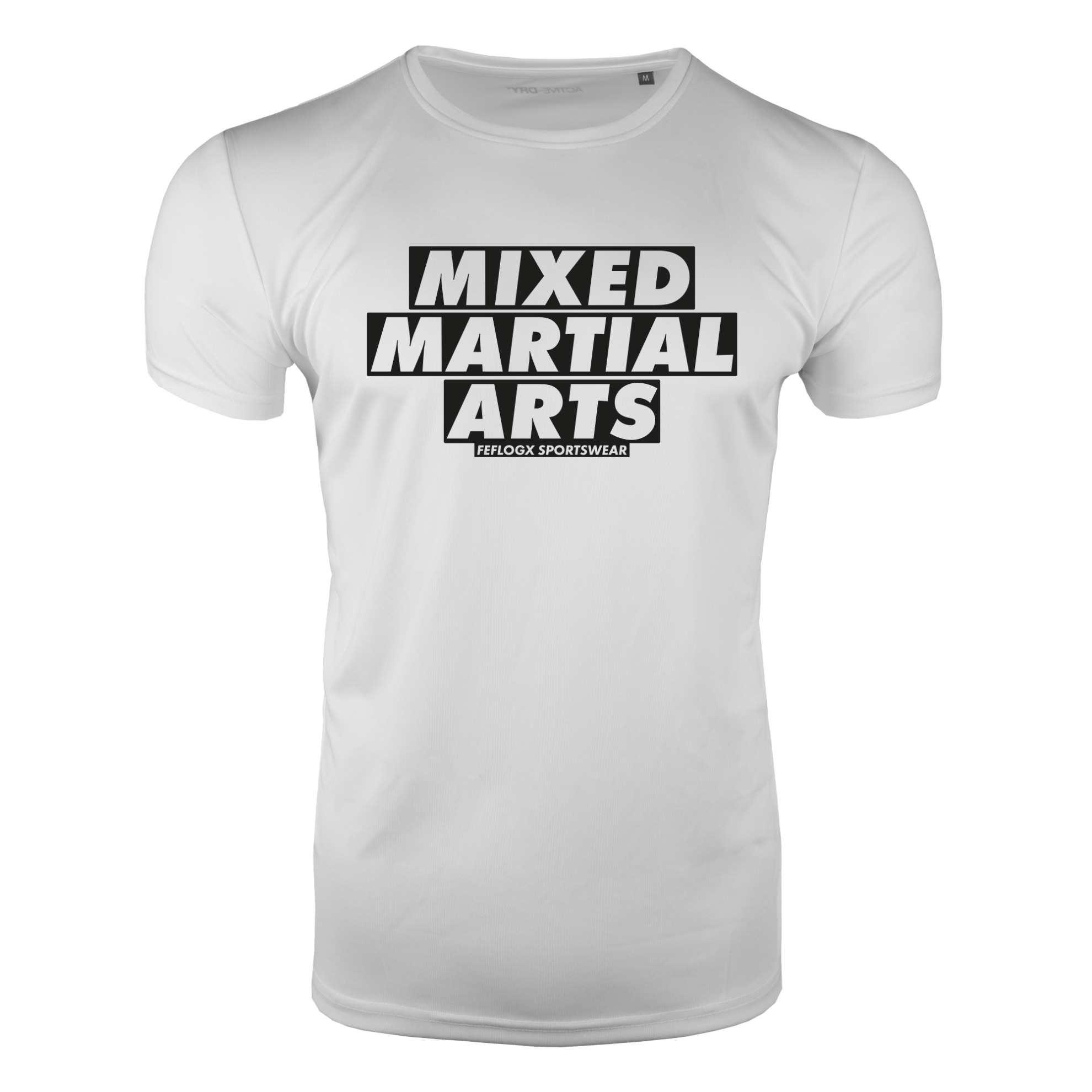 FFX Mixed Martial Arts MMA T-Shirt Fight Striker by FEFLOGX Sportswear, Sportshirt super bequem, hoch komfortables Basic Lifestyle T Shirt, High Performance Sportshirt, UFC MMA Shirt, UFC, MMA T Shirt, Herren Shirt, Damen Shirt, Mixed Martial Arts Shirt (MMA), großer Schriftzug untereinander, für Herren, Damen, Unisex, in weiß & schwarz, Vorderseite weißes Shirt. FFX Pro MMA Shirt Extreme Strike
