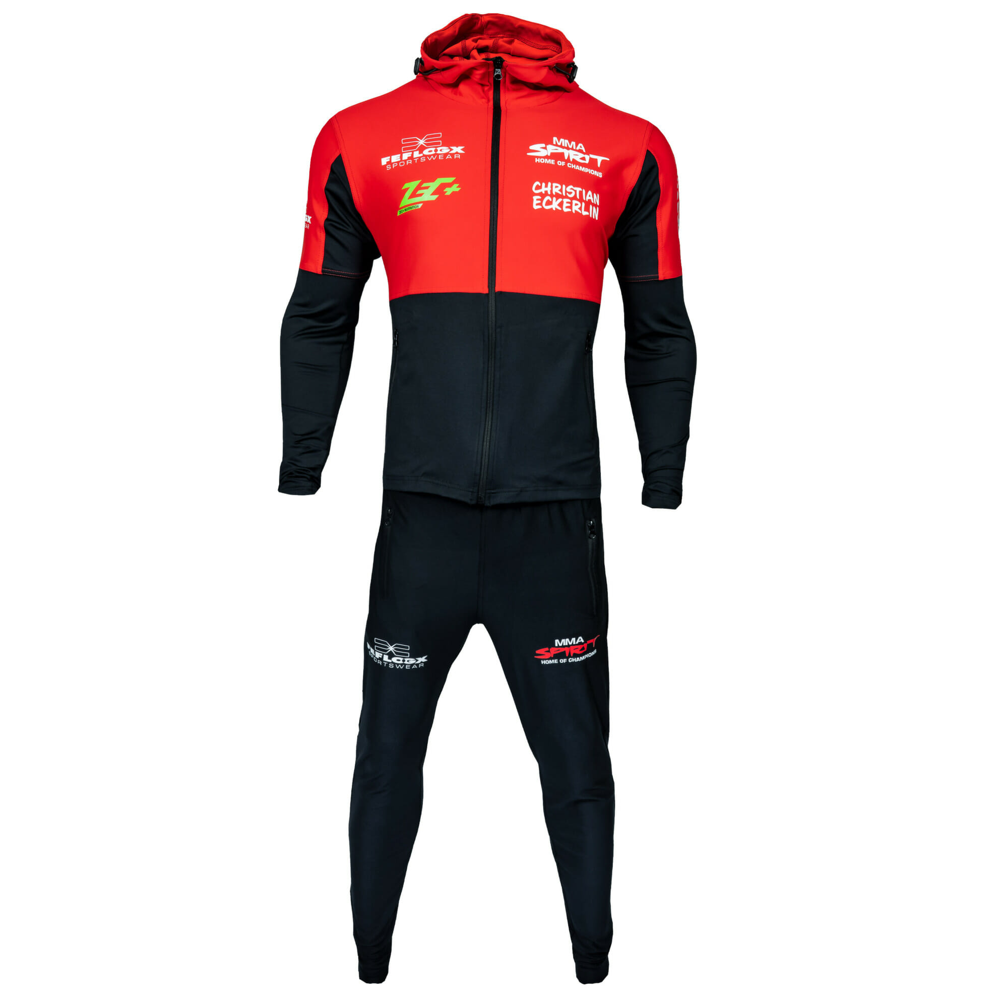 Support Trainingsanzug KSW MMA Fighter Christian Eckerlin, Zip-Hoody & Trainingshose/Jogginghose, MMA Spirit, Zec Plus, FEFLOGX Sportswear, vordere Ansicht. FFX Trainingsanzug Oktagon MMA Fighter Christian Eckerlin Support