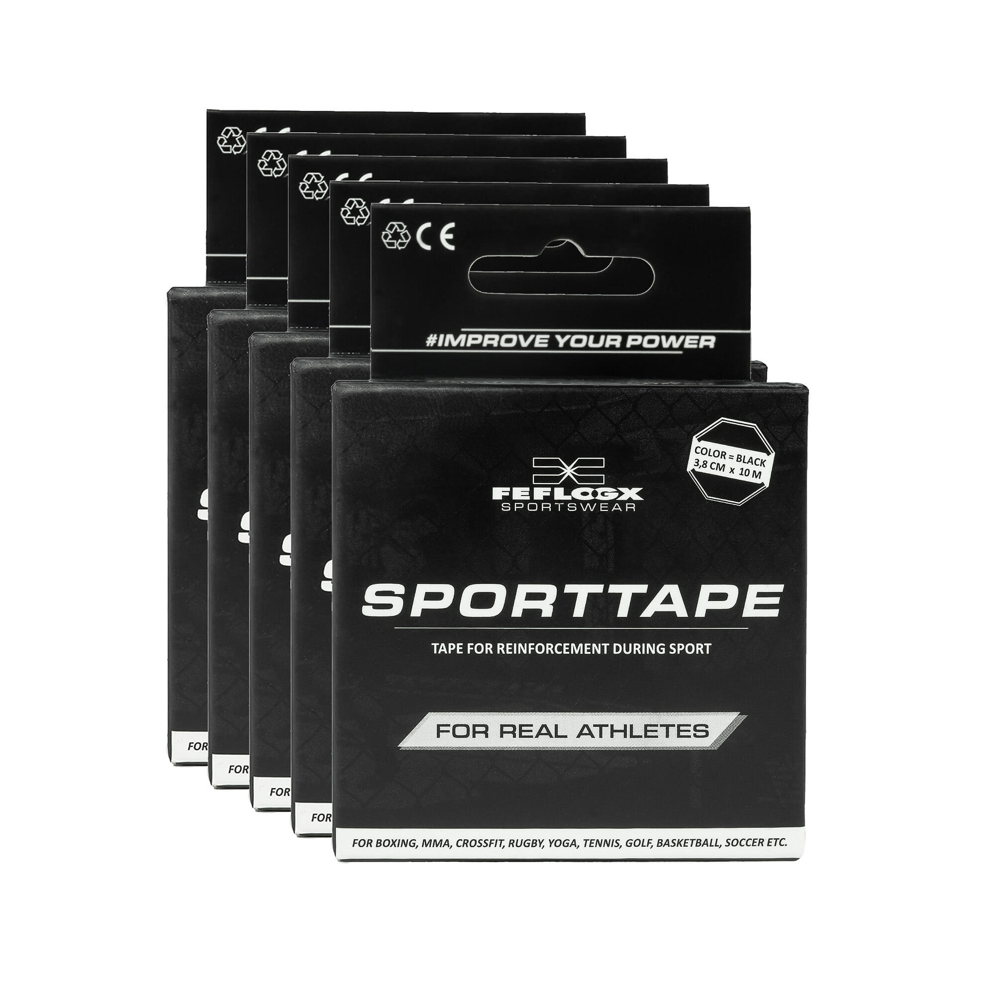 5er Pack des FFX Profi Sport-Tape Endurance Strength von FEFLOGX Sportswear, vordere Ansicht des Tapes für Reha, Sportmedizin, Sport, Physiotherapie, Orthopädie, Kampfsport & Fitness, ohne Verpackung, Kinesio-Tape, Sporttape Strong Move von FEFLOGX Sportswear, vordere seitliche Ansicht (2) des Tapes für Reha, Sportmedizin, Sport, Physiotherapie, Orthopädie, Kampfsport & Fitness, mit Verpackung, Kinesio-Tape, Boxtape, Boxen, MMA, Klettern etc. FFX Profi Sport-Tape Endurance Strength