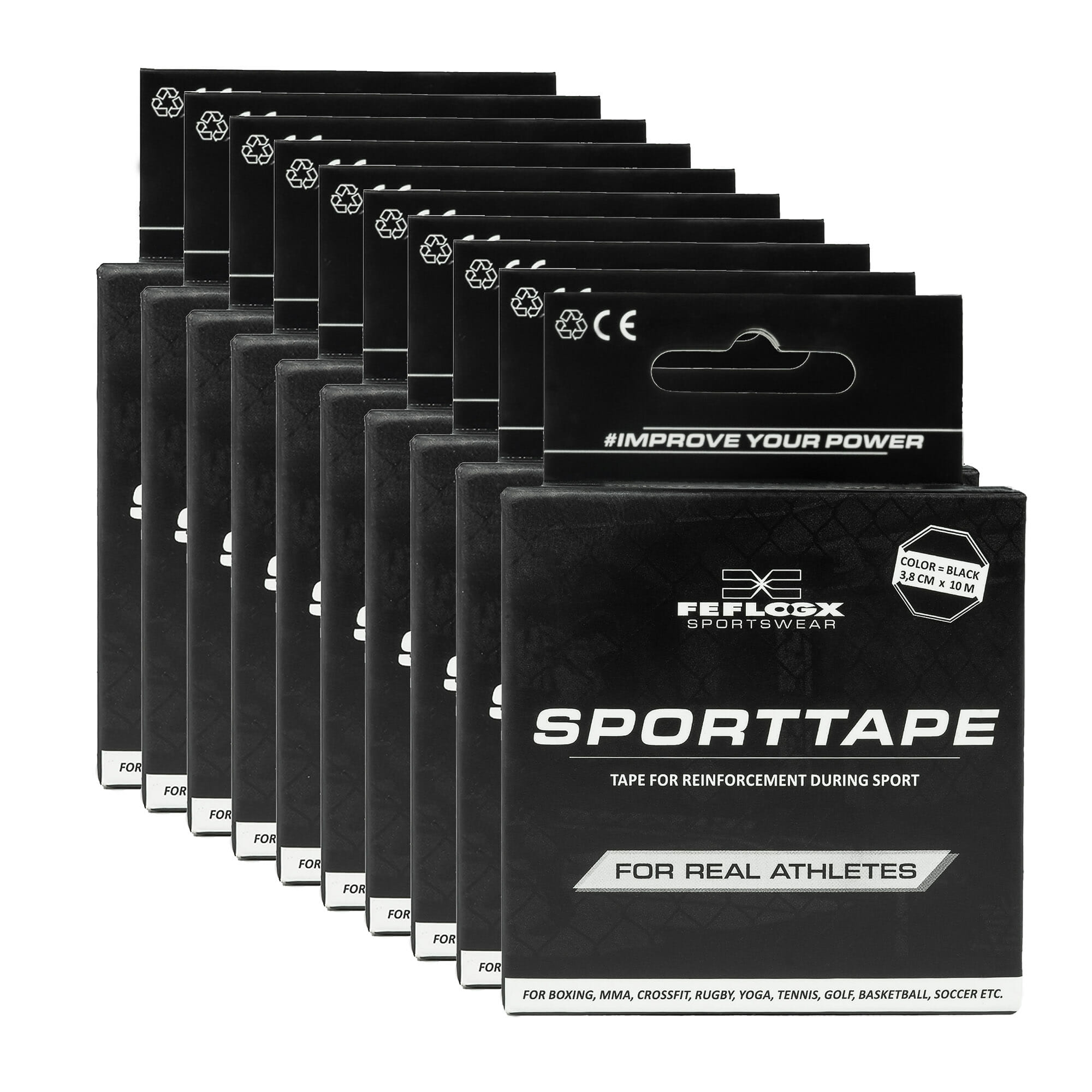 10er Pack des FFX Profi Sport-Tape Endurance Strength von FEFLOGX Sportswear, vordere Ansicht des Tapes für Reha, Sportmedizin, Sport, Physiotherapie, Orthopädie, Kampfsport & Fitness, ohne Verpackung, Kinesio-Tape, Sporttape Strong Move von FEFLOGX Sportswear, vordere seitliche Ansicht (2) des Tapes für Reha, Sportmedizin, Sport, Physiotherapie, Orthopädie, Kampfsport & Fitness, mit Verpackung, Kinesio-Tape, Boxtape, Boxen, MMA, Klettern etc. FFX Profi Sport-Tape Endurance Strength