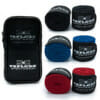 Boxbandagen Excellence Strike, FEFLOGX Sportswear, Details, 3 Farben, blau, rot, schwarz, 4,5m, Übersicht Bild mit Tasche/Beutel. Hand-Bandagen. Max. Halt, hoch-komfortabel. FFX Box-Bandagen Excellent Strike