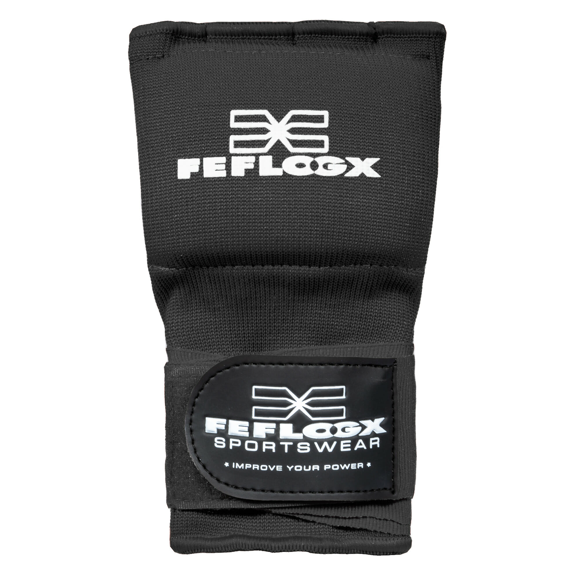 Gel Bandagen Handschuhe FEFLOGX Sportswear. Gel Handschuhe, Boxbandagen, super-bequem, hervorragende Performance & langlebiger Verschluss. Schwarz Handrücken mit Logo & Verschluss-Patch, Gel-Pad Ansicht. FFX Performance Gel Bandagen Handschuhe Superior Striker