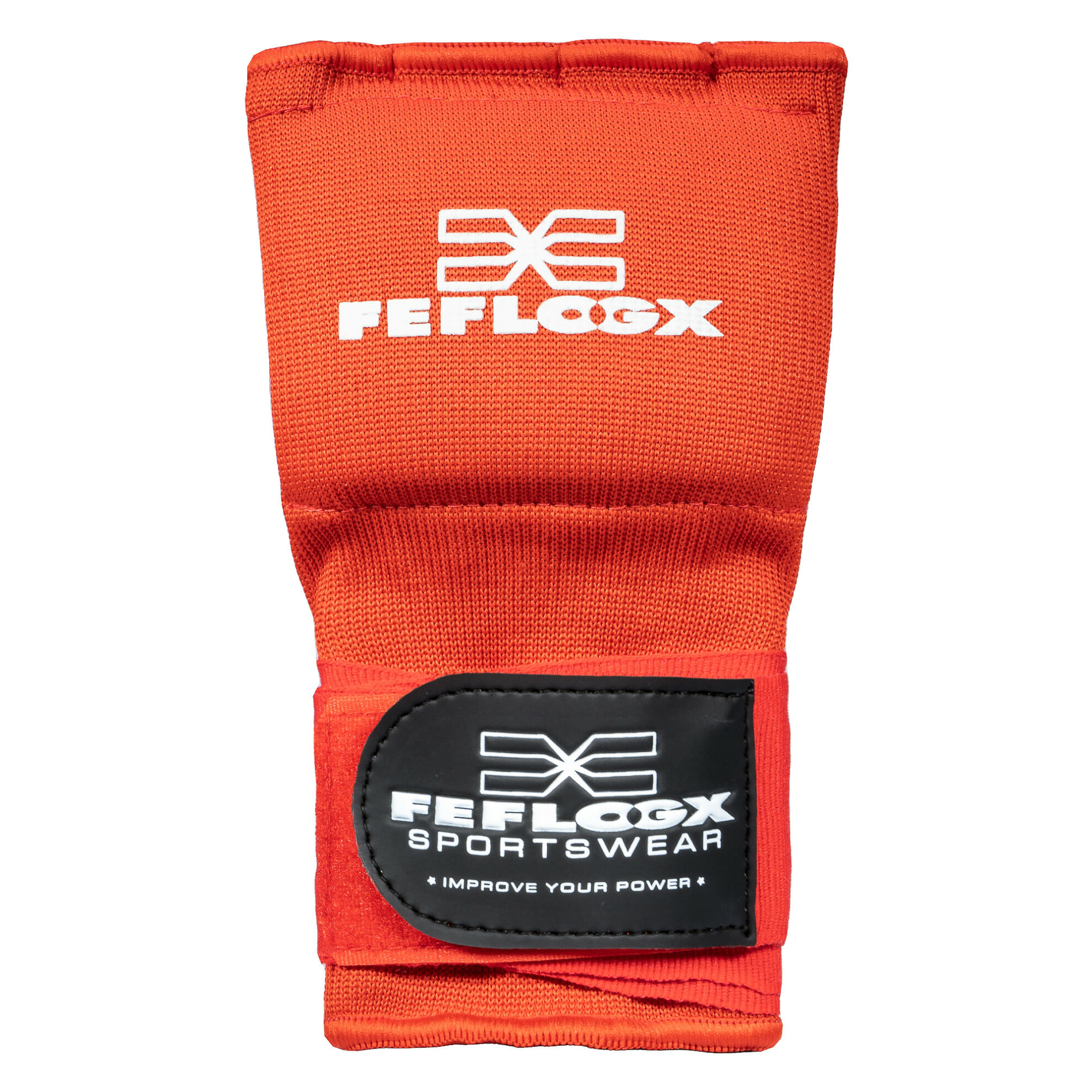 Gel Bandagen Handschuhe FEFLOGX Sportswear. Gel Handschuhe, Boxbandagen, super-bequem, hervorragende Performance & langlebiger Verschluss. Rot Handrücken mit Logo & Verschluss-Patch, Gel-Pad Ansicht. FFX Performance Gel Bandagen Handschuhe Superior Striker
