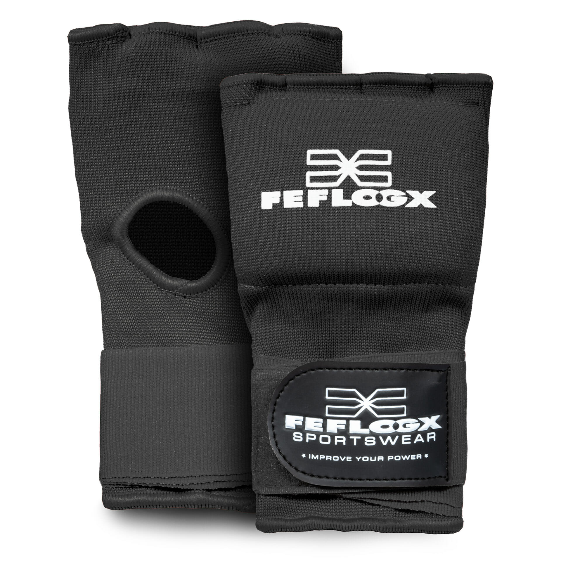 Gel Bandagen Handschuhe FEFLOGX Sportswear. Gel Handschuhe, Boxbandagen, super-bequem, hervorragende Performance & langlebiger Verschluss. Schwarz vorne & hinten Ansicht. FFX Performance Gel Bandagen Handschuhe Superior Striker