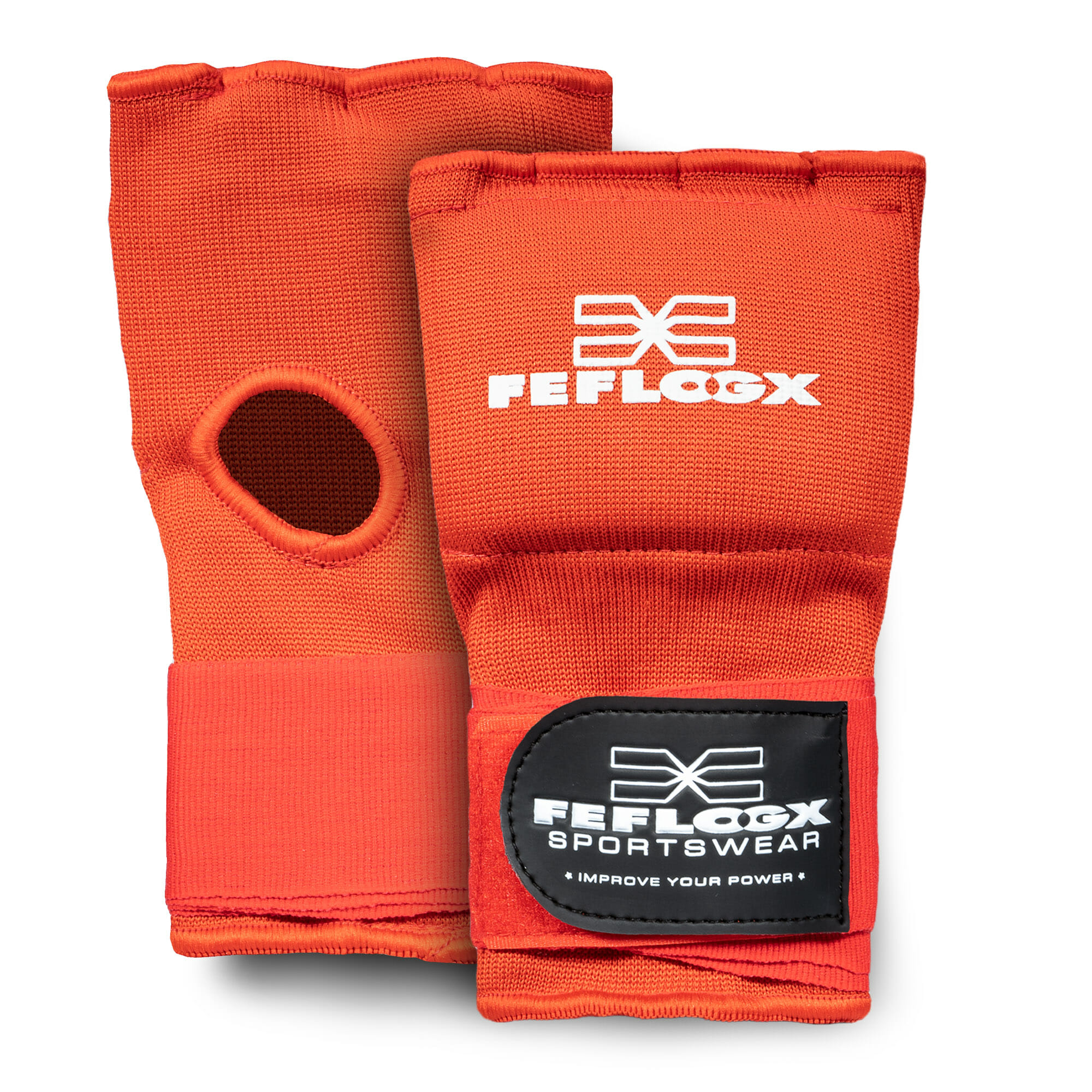 Gel Bandagen Handschuhe FEFLOGX Sportswear. Gel Handschuhe, Boxbandagen, super-bequem, hervorragende Performance & langlebiger Verschluss. Rot vorne & hinten Ansicht. FFX Performance Gel Bandagen Handschuhe Superior Striker