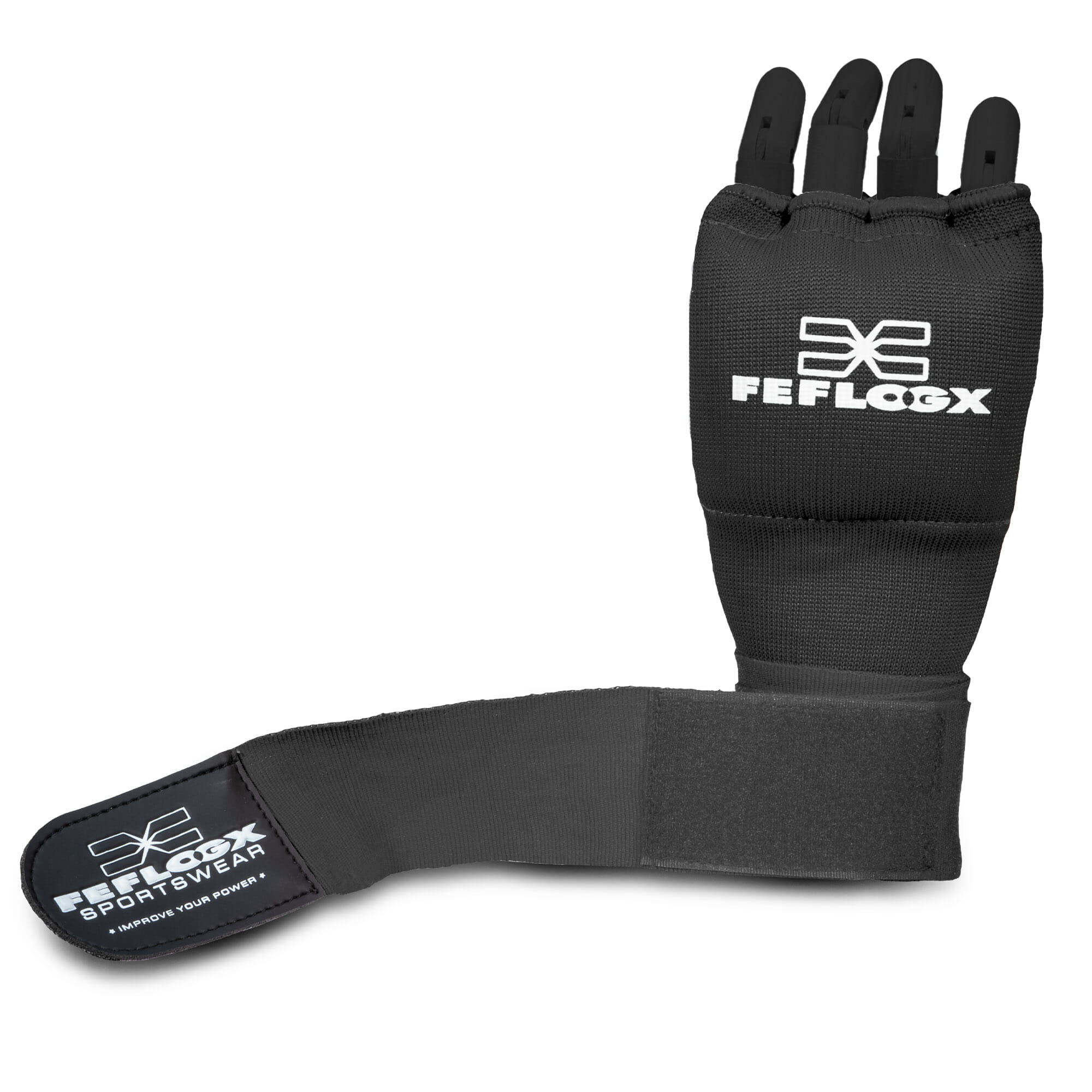 Gel Bandagen Handschuhe FEFLOGX Sportswear. Gel Handschuhe, Boxbandagen, super-bequem, hervorragende Performance & langlebiger Verschluss. Schwarz Handrücken mit Logo & Verschluss-Patch, Gel-Pad + Handgelenk-Band ausgerollt ein Stück. FFX Performance Gel Bandagen Handschuhe Superior Striker
