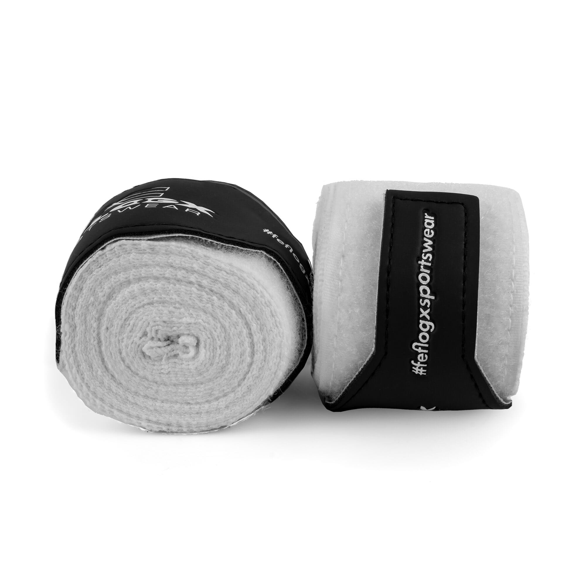 Box-Bandagen Performance Strike von FEFLOGX Sportswear, Boxbandagen, Handbandagen, Bandagen, MMA Bandagen Kampfsport, schwarz - weiß - rot - blau, 4,5m & 3m, mit Tasche/Beutel zum Waschen & Aufbewahren. Max. Power, extremer Halt & hoch-komfortabel, weiße Bandagen Übersichts-Bild (2). FFX elastische Profi Boxbandagen Performance Striker