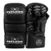 Hoch-professionelle FFX Pro MMA Sparring Handschuhe Performance Striker by FEFLOGX Sportswear, hochwertigstes & extrem strapazierfähiges FFX-Leder, MMA Gloves, MMA Boxhandschuhe, MMA Handschuhe, Sparrrings-Gloves, super-bequem & hoch-komfortabel, anatomisch vorgeformt & ergonomisch entwickelt, max. Schutz & elegantes Design, in schwarz & rot, Verschlussband mit FEFLOGX Logo Hot Print, Beste Polsterung für maximale Power & exzellente Performance, liegend mit Handflächen FFX Logo Prints. 1 Paar stehend schwarz. FFX Pro Speed Rope Springseil Athletic Performance
