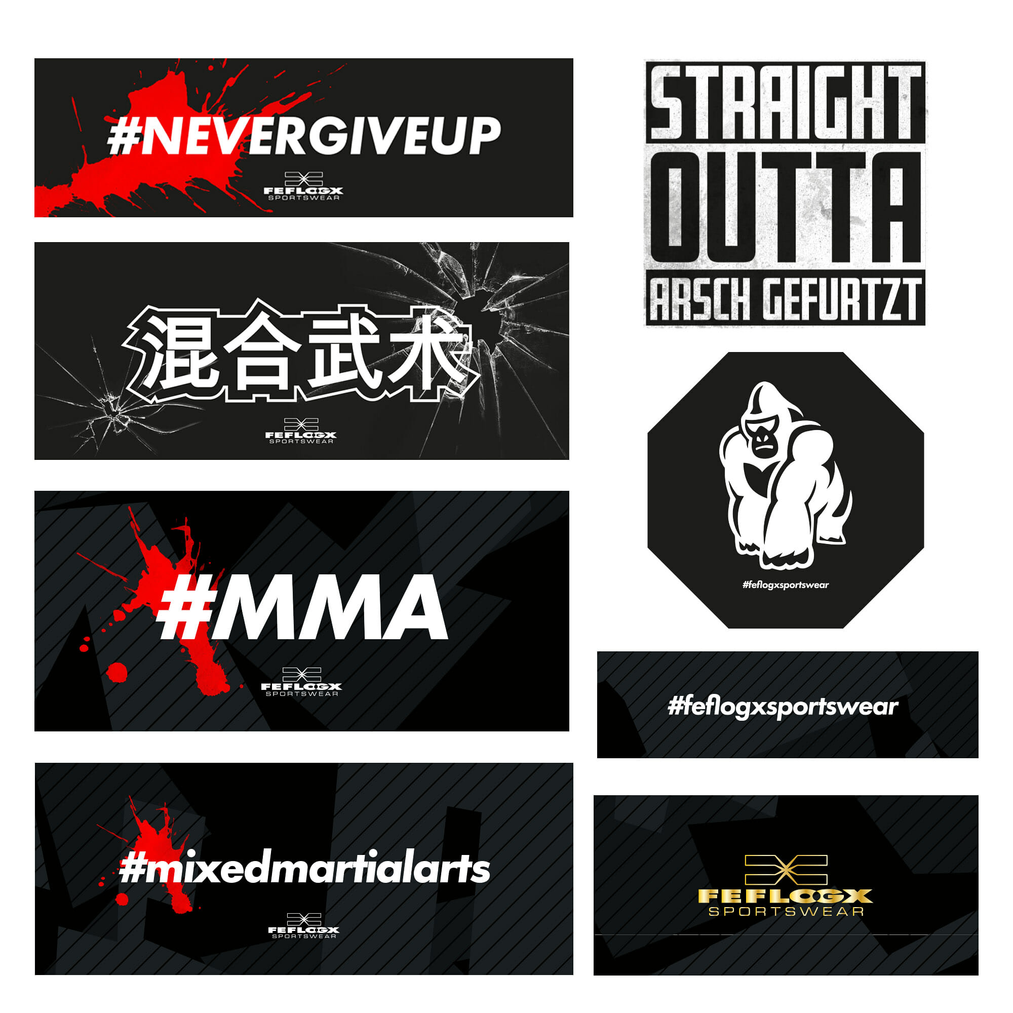FEFLOGX Sportswear Sticker, Aufkleber, Autoaufkleber, Label. Fighter, Kampfsport, Functional Fitness, Crossfit, MMA, Mixed-Martial-Arts, chinesiche Schrift für FEFLOGX. Gorilla, Oktagon, Straight outta Arsch gefurzt. FFX Various Sticker & Aufkleber
