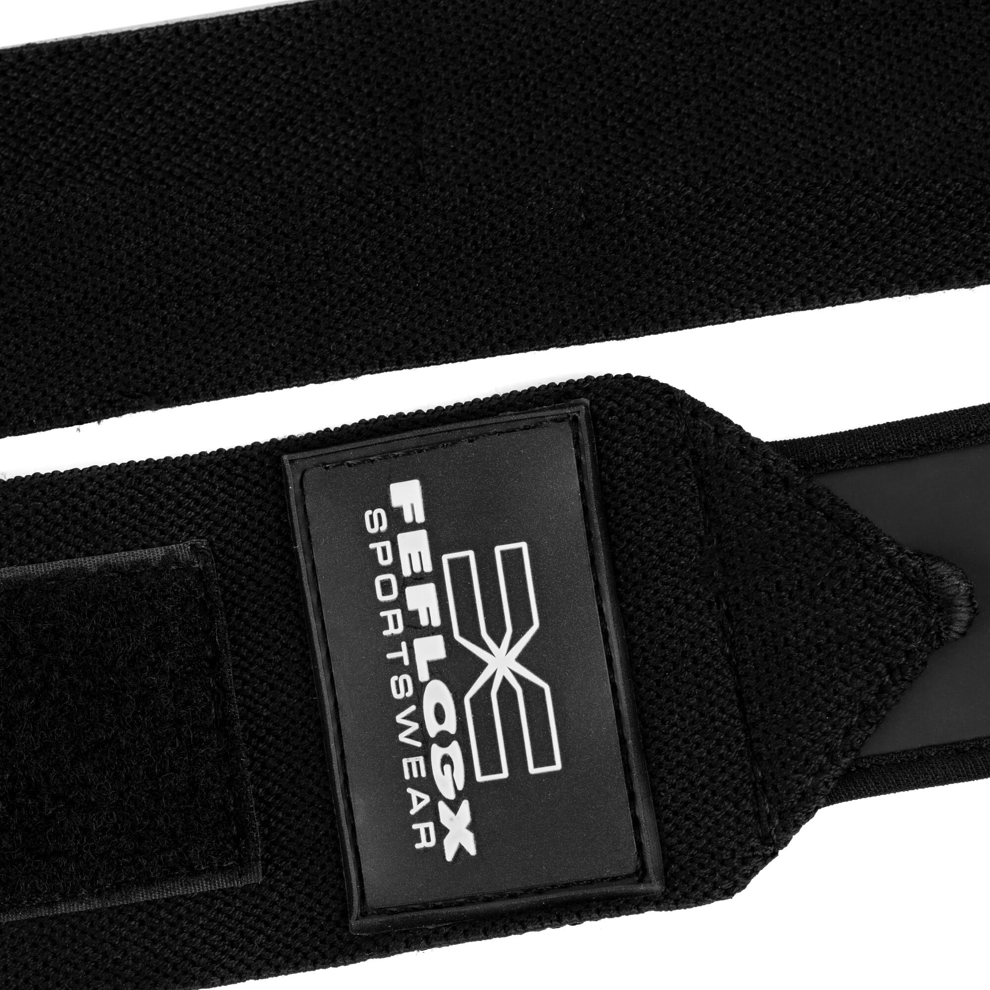 Gewichtheber Bandagen Zughilfen Fitness Performance von FEFLOGX Sportswear, Handgelenkstützen, Handgelenkbandagen, Lifting Straps, mit Daumenschlaufen, Detail-Foto der Wrist Wraps, Logo Patch. FFX Fitness Handgelenk Bandagen Elite Strength