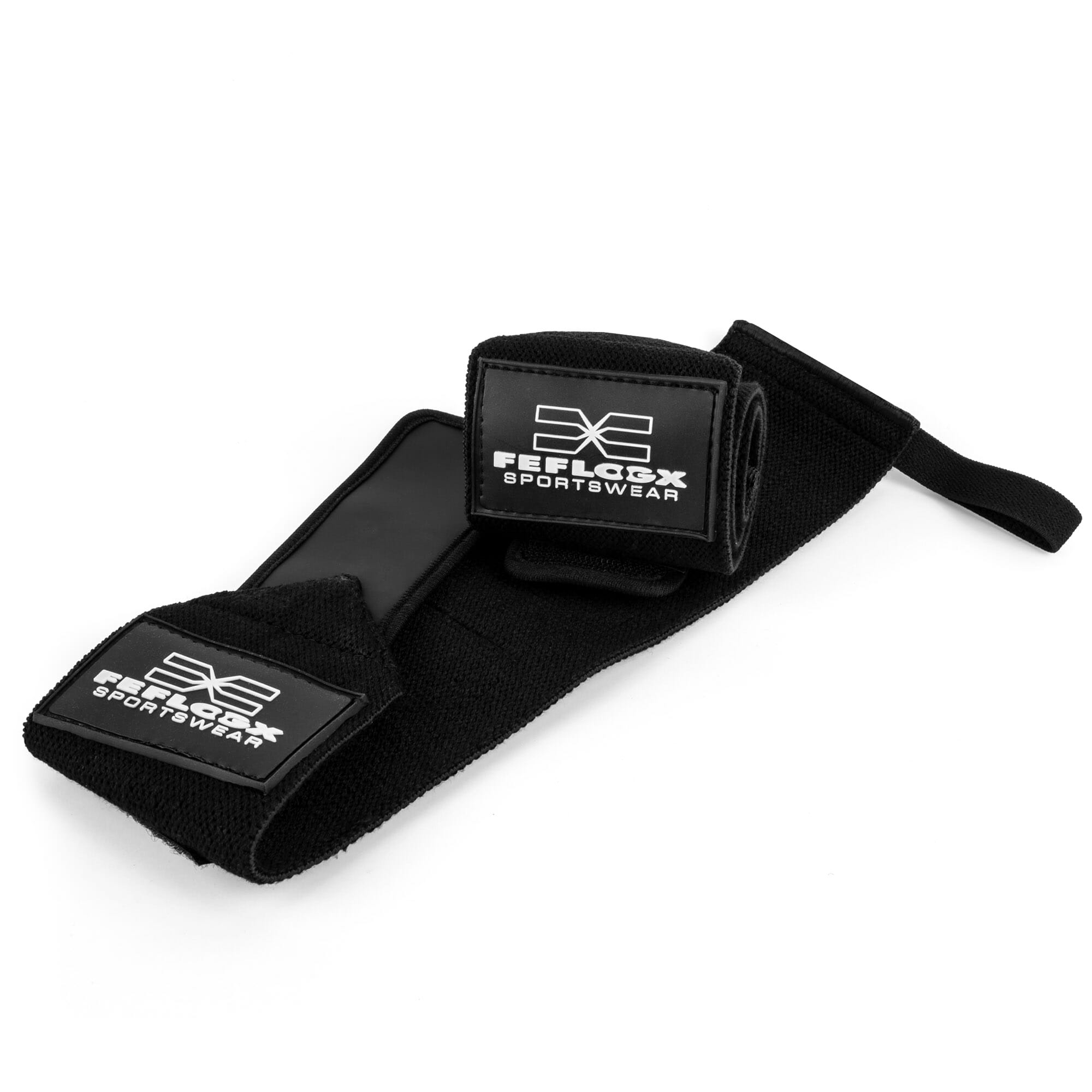 Gewichtheber Bandagen Zughilfen Fitness Performance von FEFLOGX Sportswear, Handgelenkstützen, Handgelenkbandagen, Lifting Straps, mit Daumenschlaufen, aufgerolltes Foto der Wrist Wraps, Logo Patch (6). FFX Fitness Handgelenk Bandagen Elite Strength