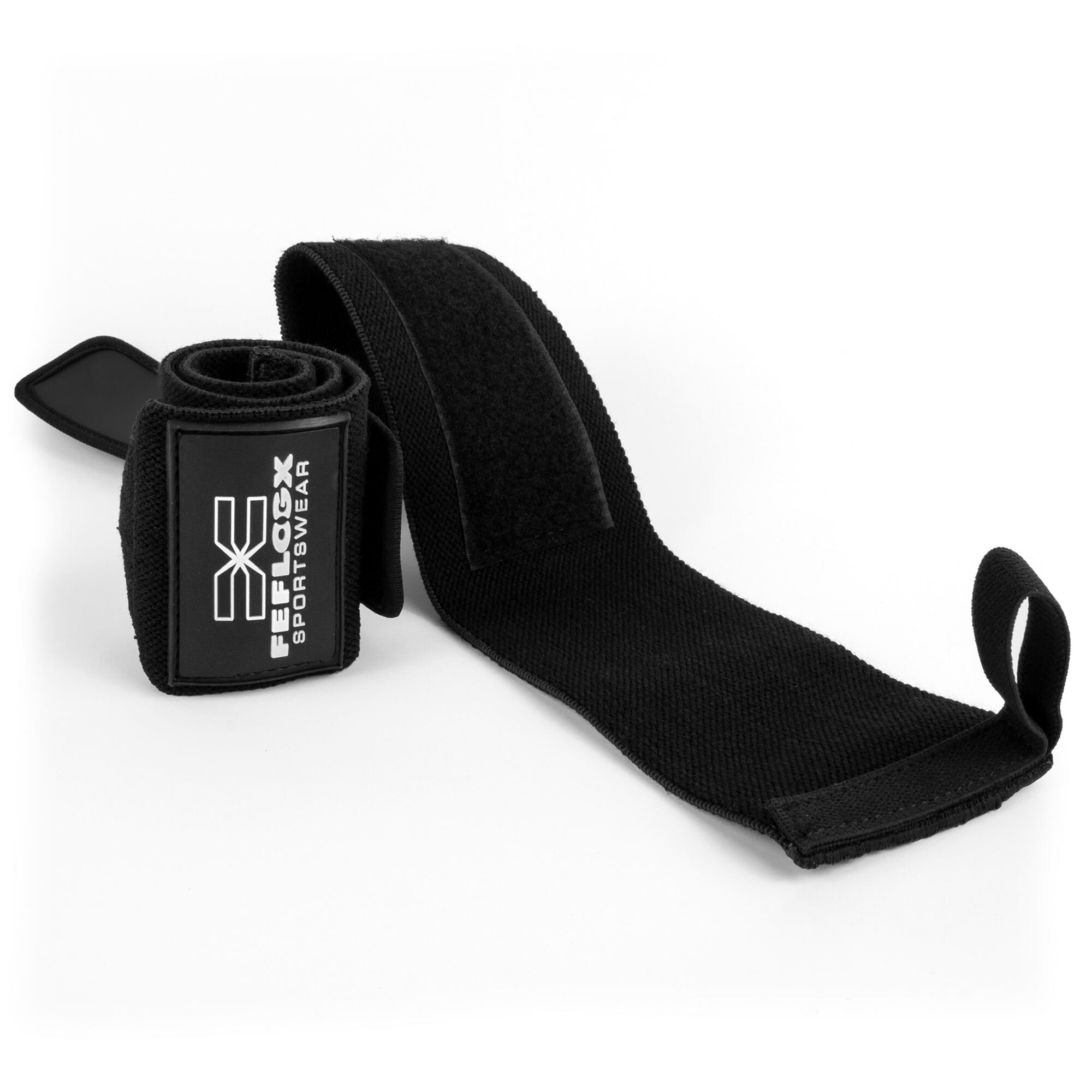 Gewichtheber Bandagen Zughilfen Fitness Performance von FEFLOGX Sportswear, Handgelenkstützen, Handgelenkbandagen, Lifting Straps, mit Daumenschlaufen, aufgerolltes Foto der Wrist Wraps, Logo Patch (5). FFX Fitness Handgelenk Bandagen Elite Strength