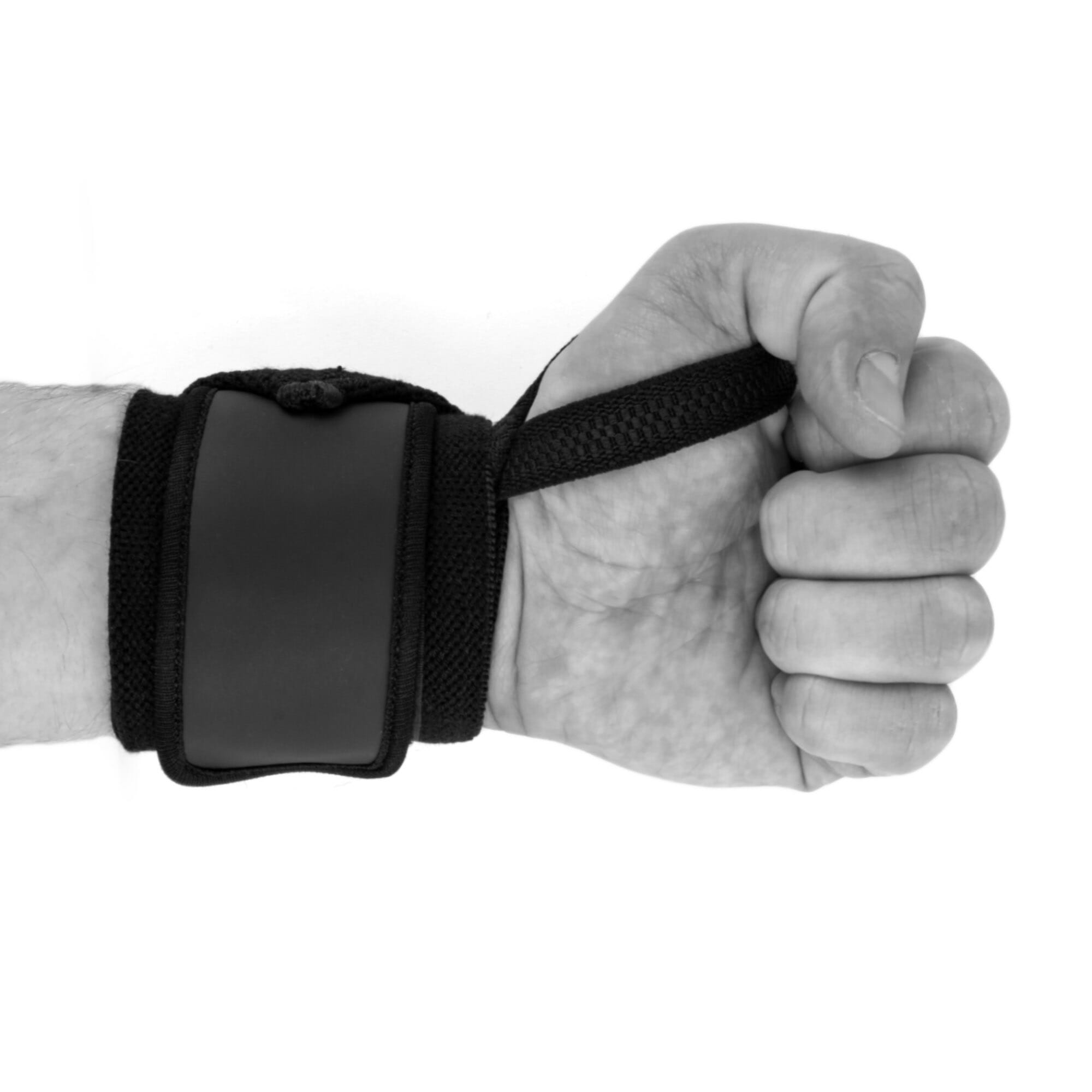 Gewichtheber Bandagen Zughilfen Fitness Performance von FEFLOGX Sportswear, Handgelenkstützen, Handgelenkbandagen, Lifting Straps, mit Daumenschlaufe angezogen an Hand. FFX Fitness Handgelenk Bandagen Elite Strength