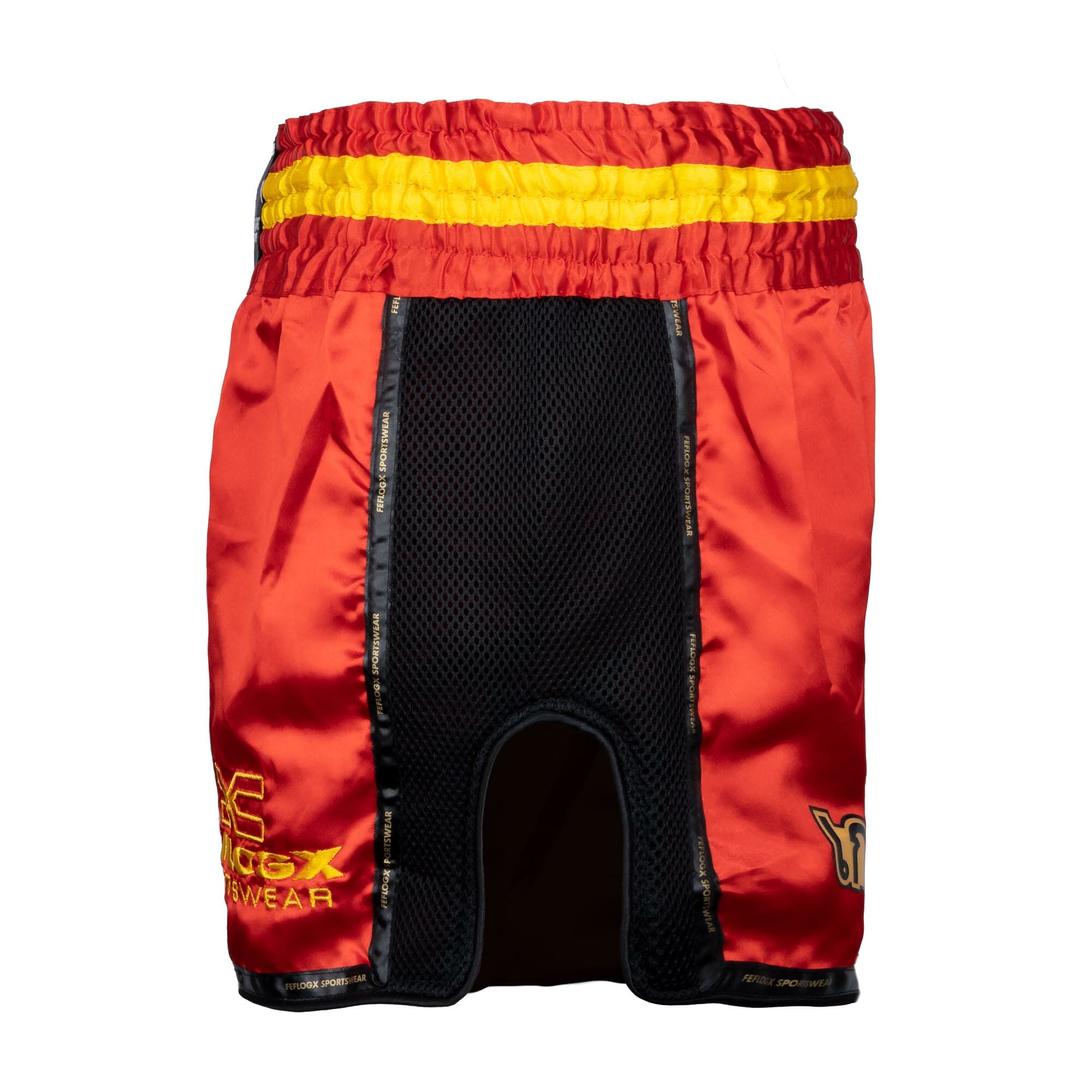 FFX Muay Thai Shorts Fight Performance von FEFLOGX Sportswear in schwarz, rot & blau. Hoch-professionelle, ergonomisch entwickelte & super-bequeme Thaibox Hose, extrem hochwertige & max. Robuste Fight Shorts, hoch-funktionelle, enorm langlebige Muay Thai Hose, Thaibox Shorts, seitlche Aufnahme Mesh-Einsatz, rot. FFX Pro Muay Thai Shorts Fight Performance