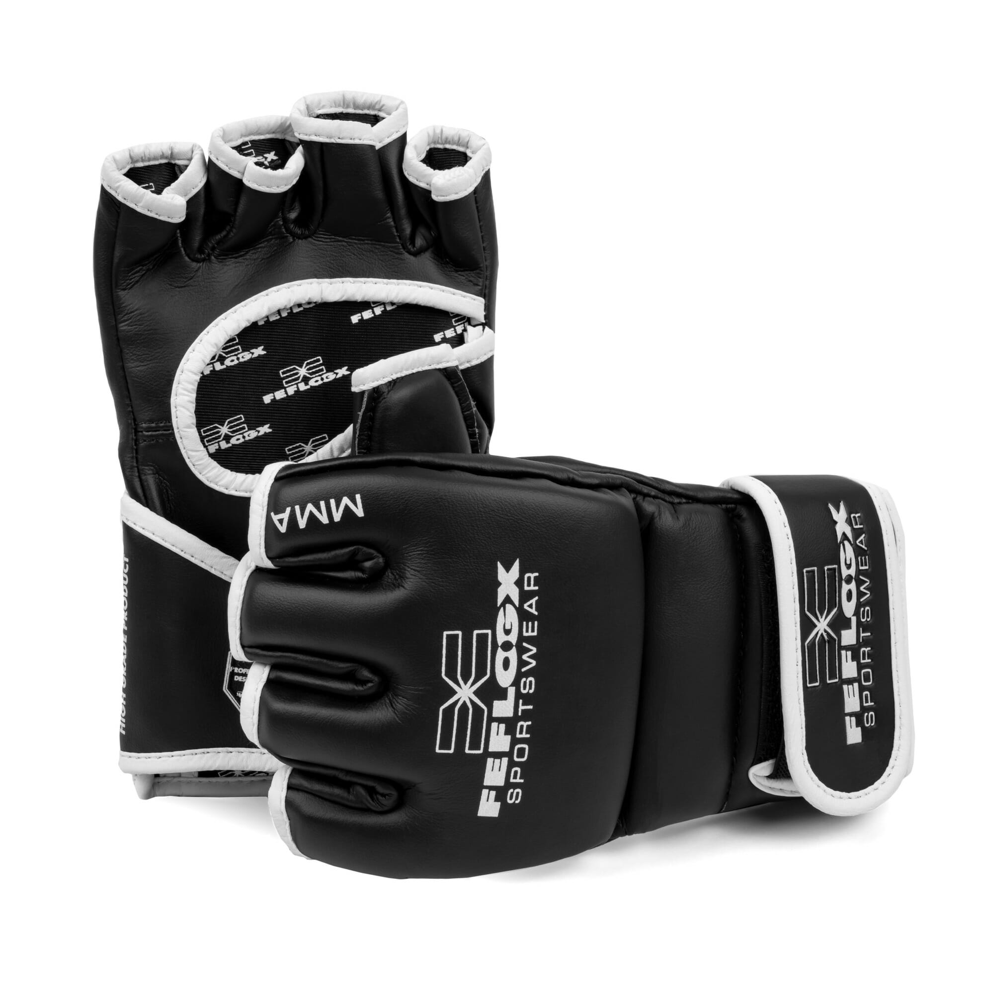 Hoch-professionelle MMA Training Handschuhe Power by FEFLOGX Sportswear. Hochwertigstes & extrem strapazierfähiges FFX-Leder, MMA Gloves, MMA Handschuhe Venum, Kampfsport Handschuhe, UFC Handschuhe, Boxsackhandschuhe, super-bequem & hoch-komfortabel, anatomisch vorgeformt & ergonomisch entwickelte Passform, max. Schutz & sportlich-elegantes Design, in schwarz-weiß, extrem hochwertiges & starkes Verschlussband mit FEFLOGX Logo Hot Print, mit Daumen Schutz, Ansicht stehendes Paar (4). FFX Pro MMA Handschuhe Training Fight Power