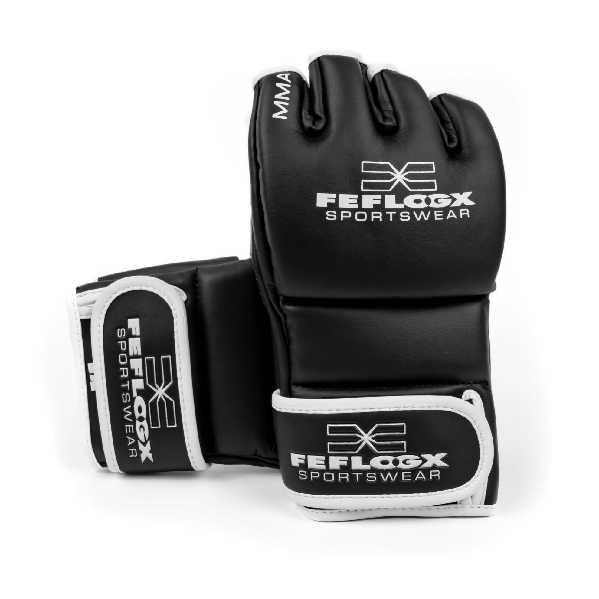 Hoch-professionelle MMA Training Handschuhe Power by FEFLOGX Sportswear. Hochwertigstes & extrem strapazierfähiges FFX-Leder, MMA Gloves, MMA Handschuhe Venum, Kampfsport Handschuhe, UFC Handschuhe, Boxsackhandschuhe, super-bequem & hoch-komfortabel, anatomisch vorgeformt & ergonomisch entwickelte Passform, max. Schutz & sportlich-elegantes Design, in schwarz-weiß, extrem hochwertiges & starkes Verschlussband mit FEFLOGX Logo Hot Print, mit Daumen Schutz, Ansicht stehendes Paar (2). FFX Pro MMA Handschuhe Training Fight Power
