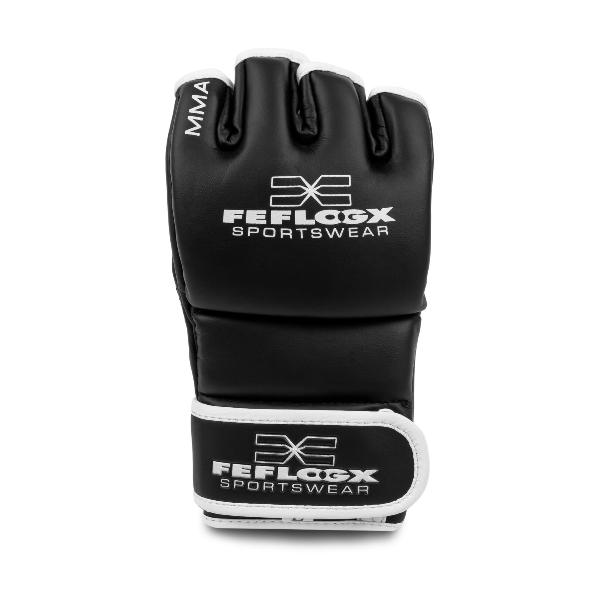 Hoch-professionelle MMA Training Handschuhe Power by FEFLOGX Sportswear. Hochwertigstes & extrem strapazierfähiges FFX-Leder, MMA Gloves, MMA Handschuhe Venum, Kampfsport Handschuhe, UFC Handschuhe, Boxsackhandschuhe, super-bequem & hoch-komfortabel, anatomisch vorgeformt & ergonomisch entwickelte Passform, max. Schutz & sportlich-elegantes Design, in schwarz-weiß, extrem hochwertiges & starkes Verschlussband mit FEFLOGX Logo Hot Print, mit Daumen Schutz, Ansicht stehend (1). FFX Pro MMA Handschuhe Training Fight Power