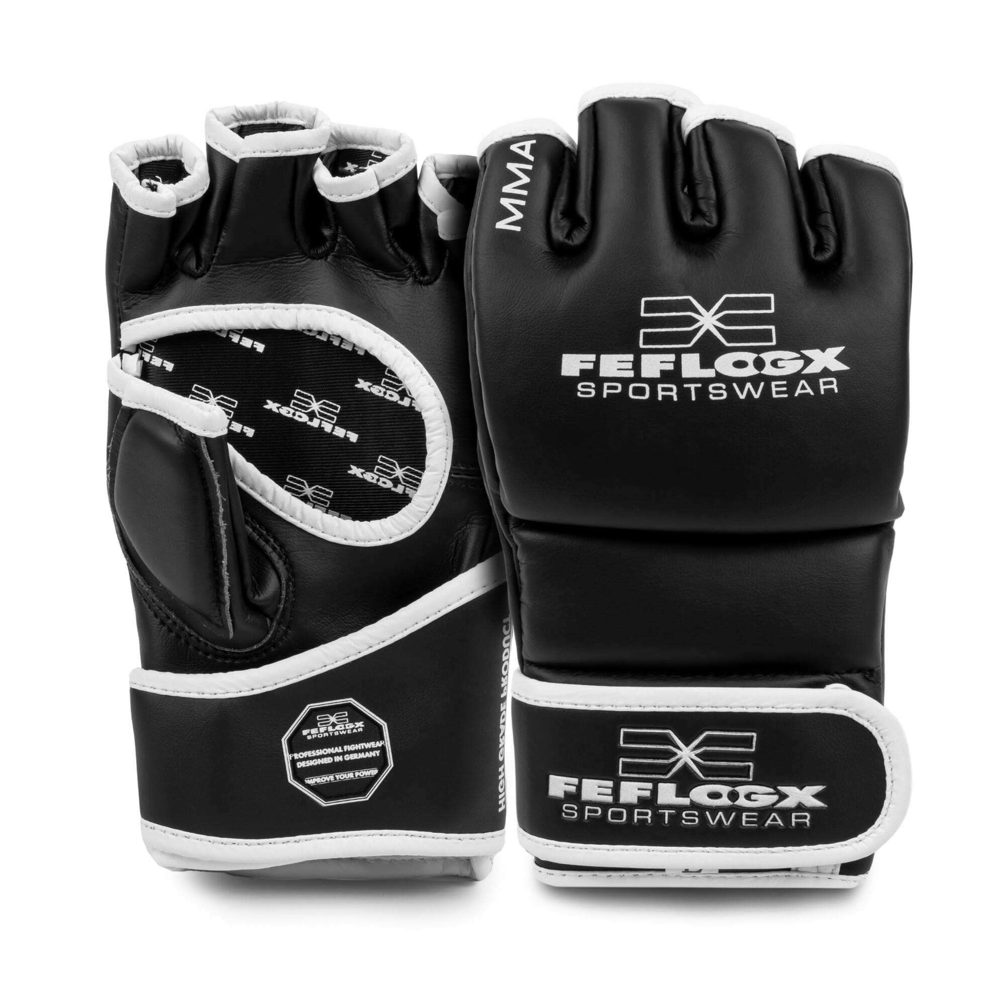 Hoch-professionelle MMA Training Handschuhe Power by FEFLOGX Sportswear. Hochwertigstes & extrem strapazierfähiges FFX-Leder, MMA Gloves, MMA Handschuhe Venum, Kampfsport Handschuhe, UFC Handschuhe, Boxsackhandschuhe, super-bequem & hoch-komfortabel, anatomisch vorgeformt & ergonomisch entwickelte Passform, max. Schutz & sportlich-elegantes Design, in schwarz-weiß, extrem hochwertiges & starkes Verschlussband mit FEFLOGX Logo Hot Print, mit Daumen Schutz, Ansicht stehendes Paar (1). FFX Pro MMA Handschuhe Training Fight Power