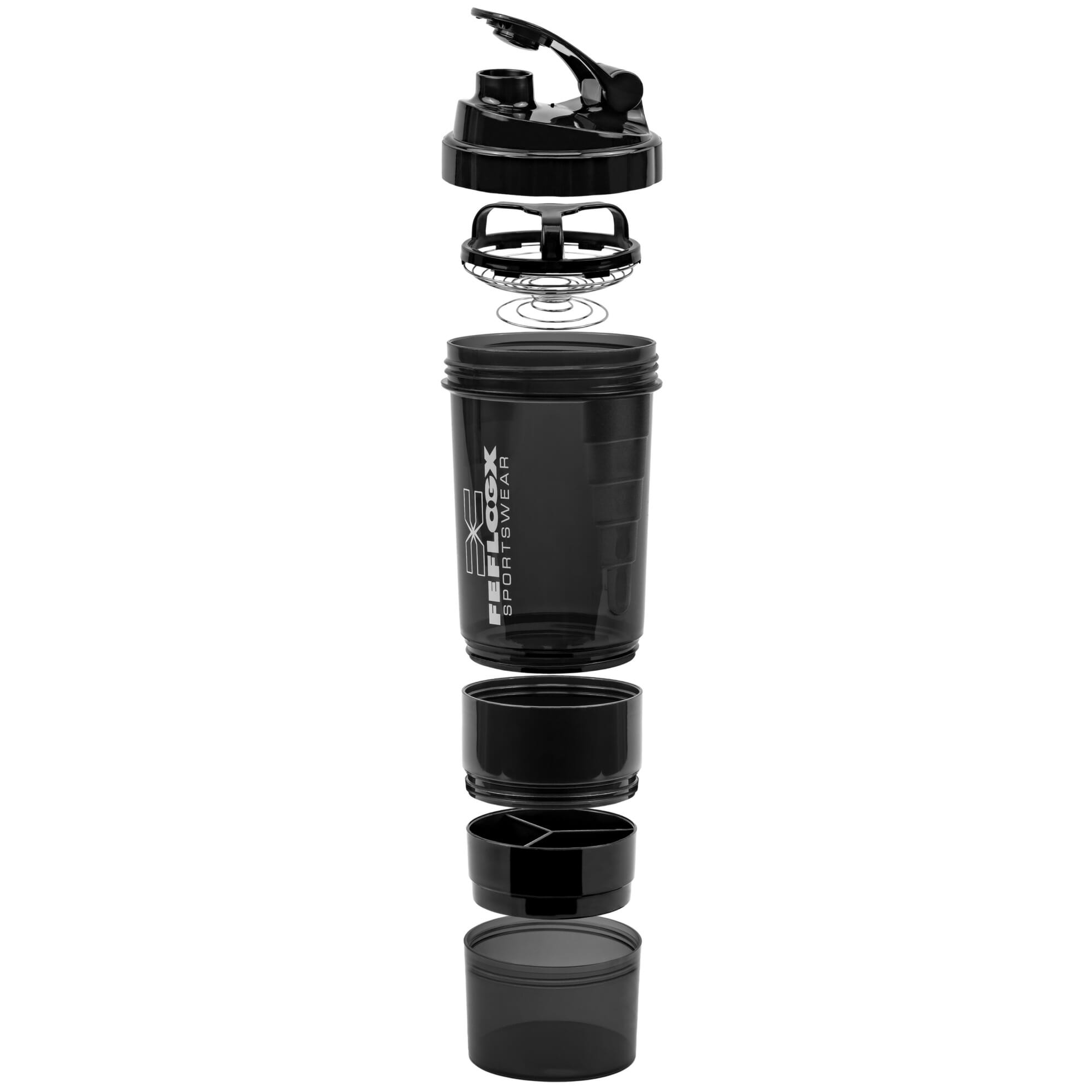 FEFLOGX Sportswear FFX Eiweiß Shaker Multi Boost High Performance, mit 2 Fächern für Pulver & Tabletten / Supplements etc., höchste Qualität mit hochwertigem Drehverschluss & herausnehmbarem, erstklassigem Edelstahl-Feder-Sieb für supercremige Shakes, 750ml / 20oz, frei von BPA & DEHP, Mixer, enorm langlebig & verlässlich auslaufsicher, vordere, Shakemixer, Eiweiß Shaker, Protein Shaker mit Pulverfach, Eiweißshaker, Shake Mixer, recycelbar, Vorderansicht, Skala 500ml Foto_14, Spülmaschinen geeignet. FFX Eiweiß Shaker Multi Boost