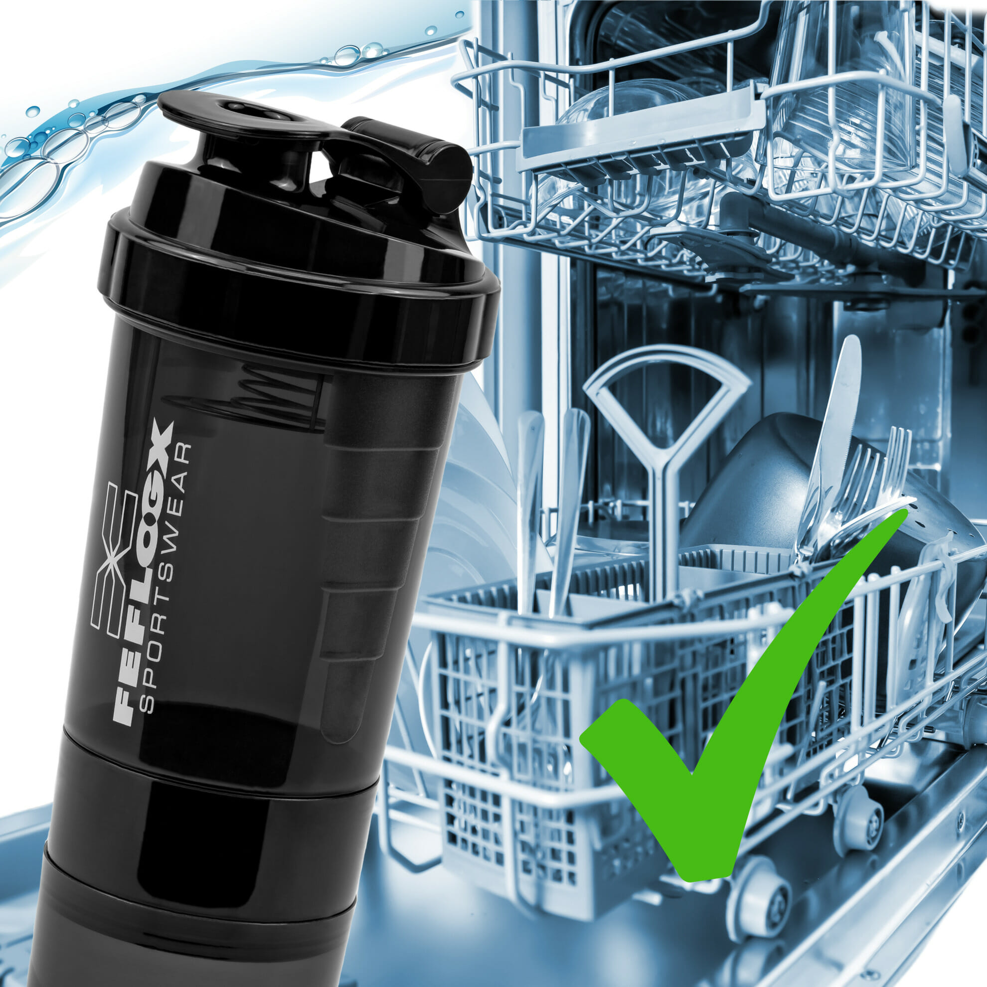 FEFLOGX Sportswear FFX Eiweiß Shaker Multi Boost High Performance, mit 2 Fächern für Pulver & Tabletten / Supplements etc., höchste Qualität mit hochwertigem Drehverschluss & herausnehmbarem, erstklassigem Edelstahl-Feder-Sieb für supercremige Shakes, 750ml / 20oz, frei von BPA & DEHP, Mixer, enorm langlebig & verlässlich auslaufsicher, vordere, Shakemixer, Eiweiß Shaker, Protein Shaker mit Pulverfach, Eiweißshaker, Shake Mixer, recycelbar, Vorderansicht, Skala 500ml Foto_9, Spülmaschinen geeignet. FFX Eiweiß Shaker Multi Boost