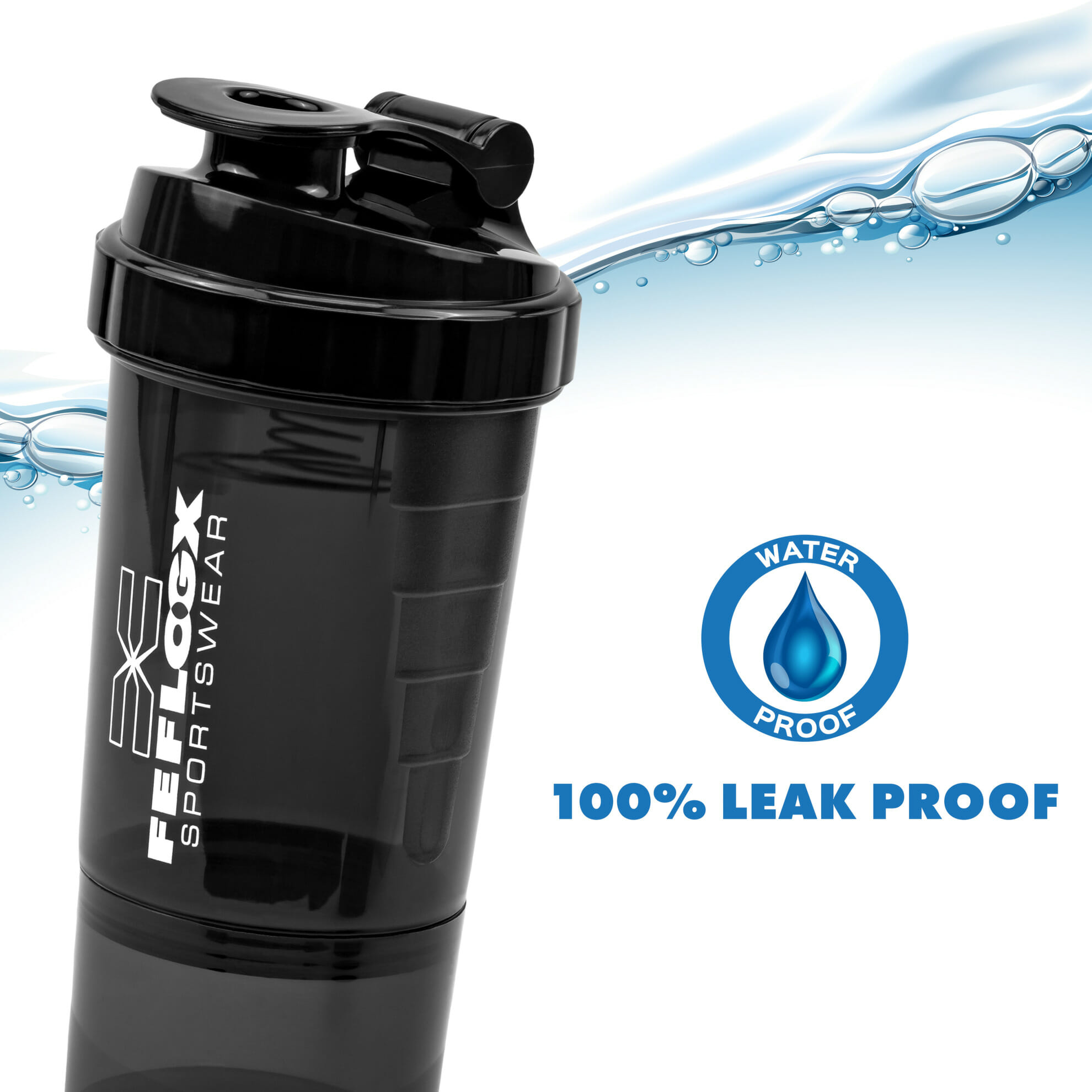FEFLOGX Sportswear FFX Eiweiß Shaker Multi Boost High Performance, mit 2 Fächern für Pulver & Tabletten / Supplements etc., höchste Qualität mit hochwertigem Drehverschluss & herausnehmbarem, erstklassigem Edelstahl-Feder-Sieb für supercremige Shakes, 750ml / 20oz, frei von BPA & DEHP, Mixer, enorm langlebig & verlässlich auslaufsicher, vordere, Shakemixer, Eiweiß Shaker, Protein Shaker mit Pulverfach, Eiweißshaker, Shake Mixer, recycelbar, Vorderansicht, Skala 500ml Foto_10, Spülmaschinen geeignet. FFX Eiweiß Shaker Multi Boost