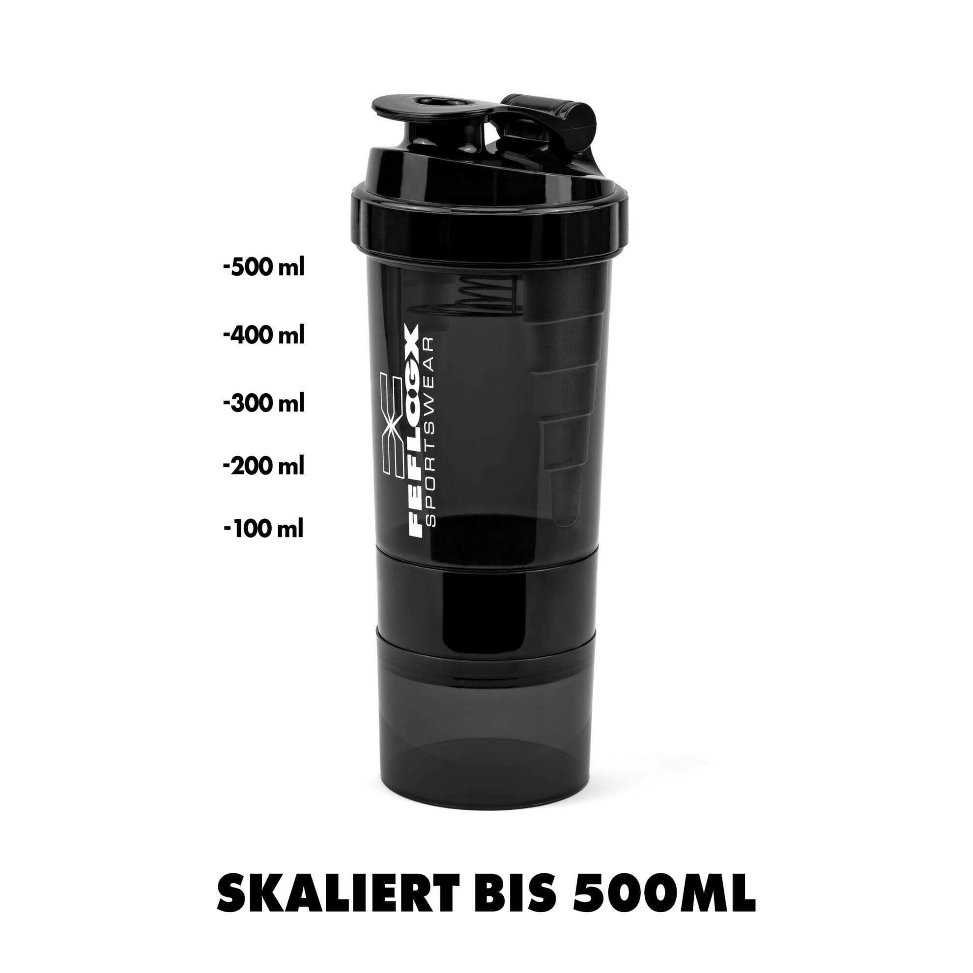 FEFLOGX Sportswear FFX Eiweiß Shaker Multi Boost High Performance, mit 2 Fächern für Pulver & Tabletten / Supplements etc., höchste Qualität mit hochwertigem Drehverschluss & herausnehmbarem, erstklassigem Edelstahl-Feder-Sieb für supercremige Shakes, 750ml / 20oz, frei von BPA & DEHP, Mixer, enorm langlebig & verlässlich auslaufsicher, vordere, Shakemixer, Eiweiß Shaker, Protein Shaker mit Pulverfach, Eiweißshaker, Shake Mixer, recycelbar, Vorderansicht, Skala 500ml Foto_11, Spülmaschinen geeignet. FFX Eiweiß Shaker Multi Boost