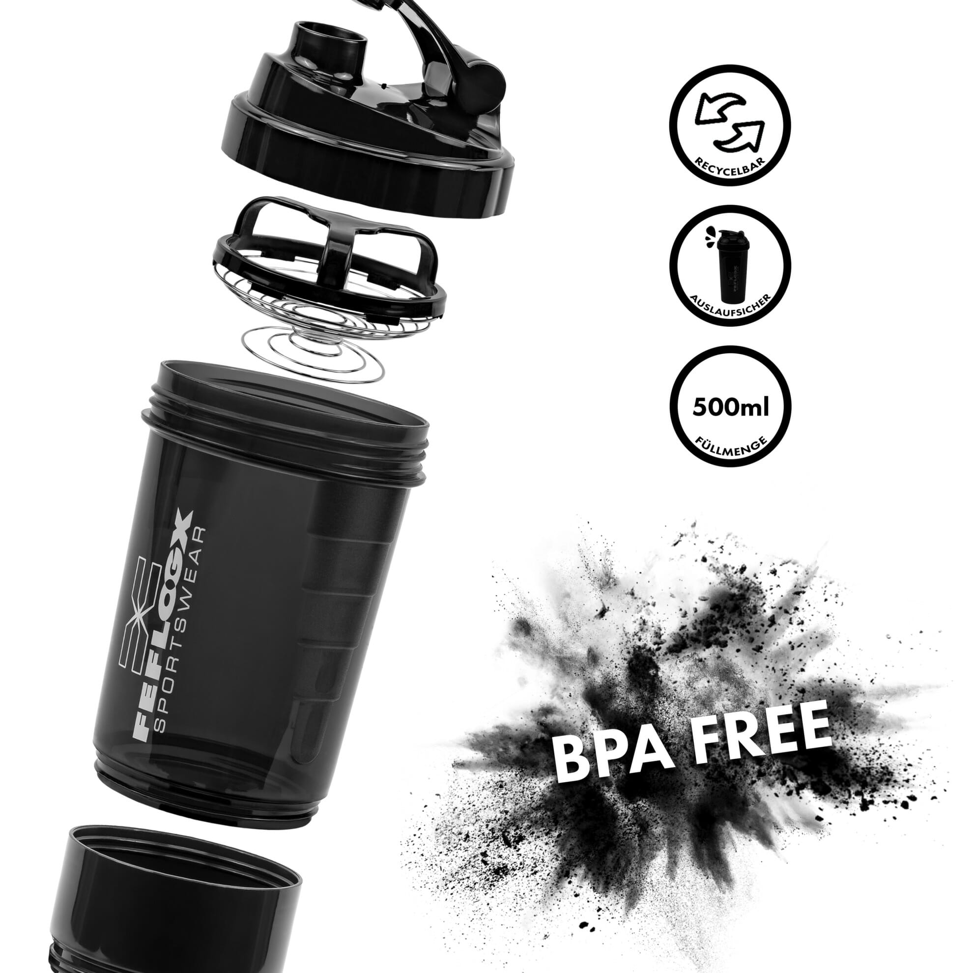 FEFLOGX Sportswear FFX Eiweiß Shaker Multi Boost High Performance, mit 2 Fächern für Pulver & Tabletten / Supplements etc., höchste Qualität mit hochwertigem Drehverschluss & herausnehmbarem, erstklassigem Edelstahl-Feder-Sieb für supercremige Shakes, 750ml / 20oz, frei von BPA & DEHP, Mixer, enorm langlebig & verlässlich auslaufsicher, vordere, Shakemixer, Eiweiß Shaker, Protein Shaker mit Pulverfach, Eiweißshaker, Shake Mixer, recycelbar, Vorderansicht, Skala 500ml Foto_12, Spülmaschinen geeignet. FFX Eiweiß Shaker Multi Boost