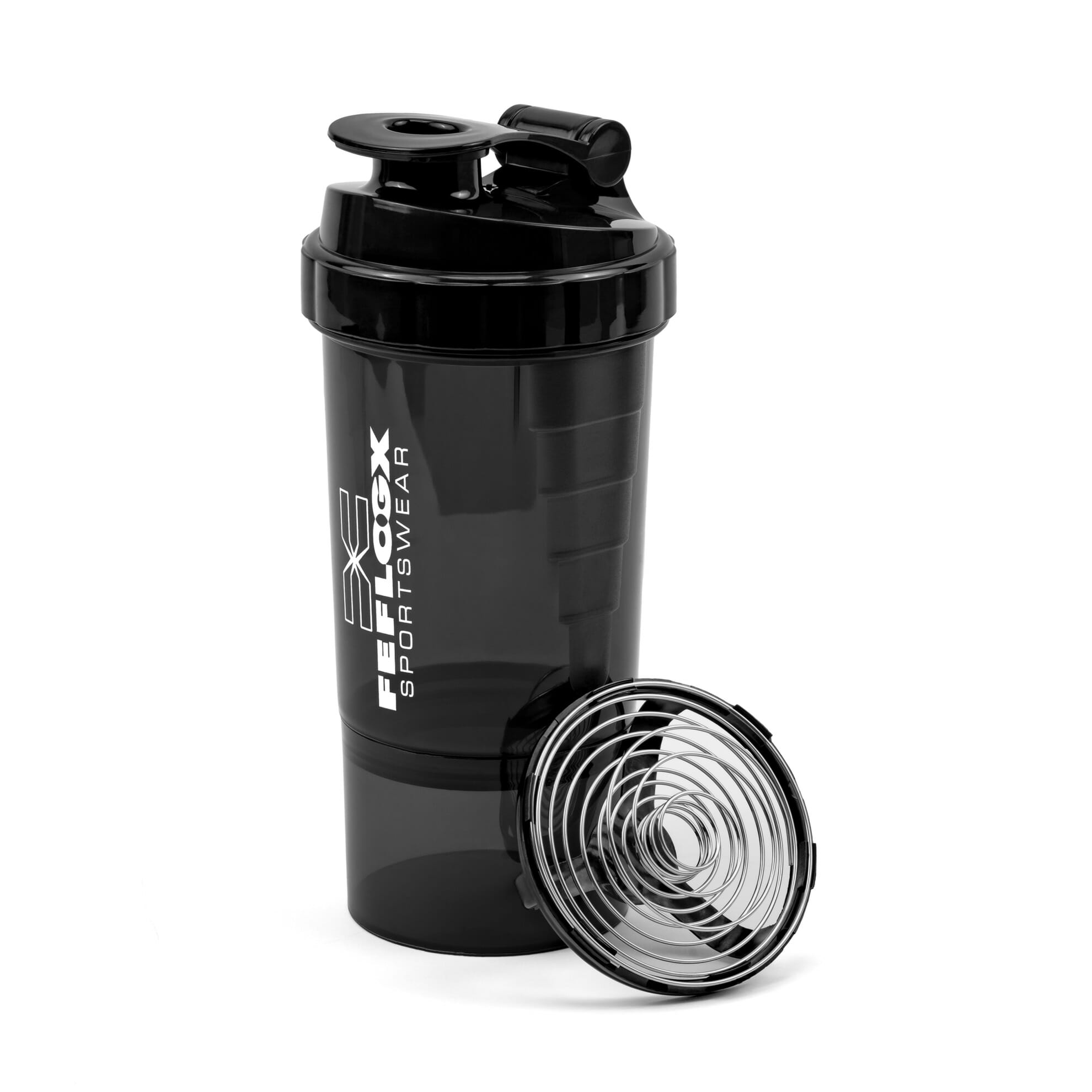 FEFLOGX Sportswear FFX Eiweiß Shaker Multi Boost High Performance, mit 2 Fächern für Pulver & Tabletten / Supplements etc., höchste Qualität mit hochwertigem Drehverschluss & herausnehmbarem, erstklassigem Edelstahl-Feder-Sieb für supercremige Shakes, 750ml / 20oz, frei von BPA & DEHP, Mixer, enorm langlebig & verlässlich auslaufsicher, vordere, Shakemixer, Eiweiß Shaker, Protein Shaker mit Pulverfach, Eiweißshaker, Shake Mixer, recycelbar, Vorderansicht, Skala 500ml Foto_1. FFX Eiweiß Shaker Multi Boost