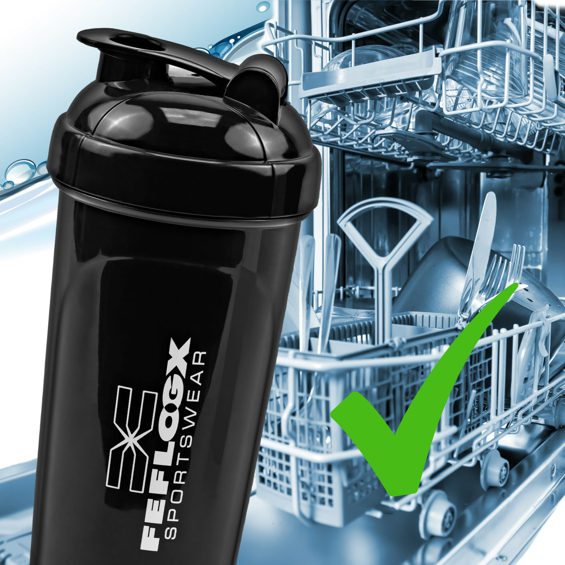 FEFLOGX Sportswear Protein Shaker Performance, höchste Qualität mit hochwertigem Drehverschluss &herausnehmbarem, erstklassigem Sieb für supercremige Shakes, 750ml / 20oz, frei von BPA & DEHP, Mixer, enorm langlebig & verlässlich auslaufsicher, vordere, Shakemixer, Eiweiß Shaker, Proteinshaker, Eiweißshake Mixer, recycelbar, Spülmaschine Foto. FFX Profi Trinkflasche Fresh Boost