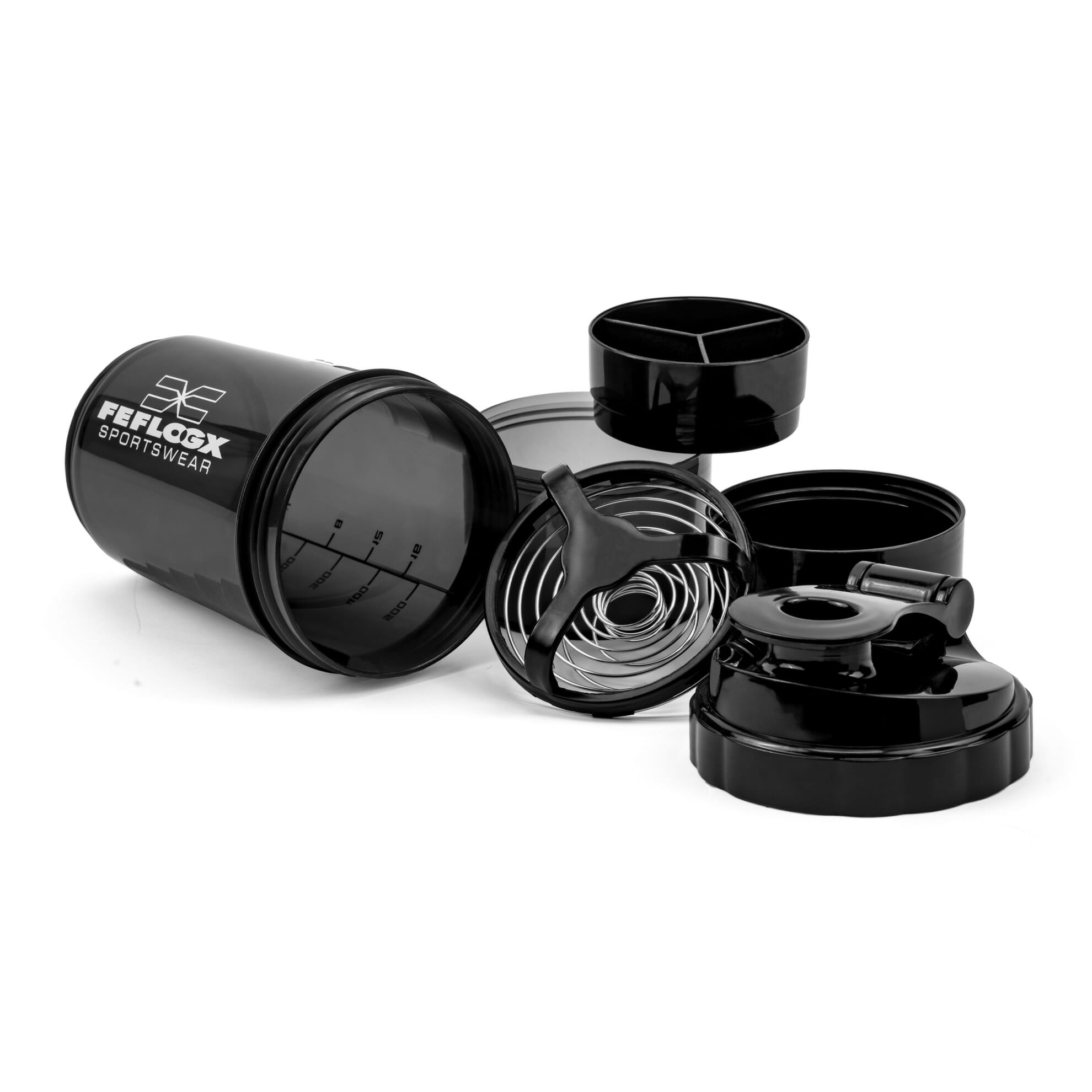FEFLOGX Sportswear FFX Eiweiß Shaker Multi Boost High Performance, mit 2 Fächern für Pulver & Tabletten / Supplements etc., höchste Qualität mit hochwertigem Drehverschluss & herausnehmbarem, erstklassigem Edelstahl-Feder-Sieb für supercremige Shakes, 750ml / 20oz, frei von BPA & DEHP, Mixer, enorm langlebig & verlässlich auslaufsicher, vordere, Shakemixer, Eiweiß Shaker, Protein Shaker mit Pulverfach, Eiweißshaker, Shake Mixer, recycelbar, Vorderansicht, Skala 500ml Foto_2. FFX Eiweiß Shaker Multi Boost