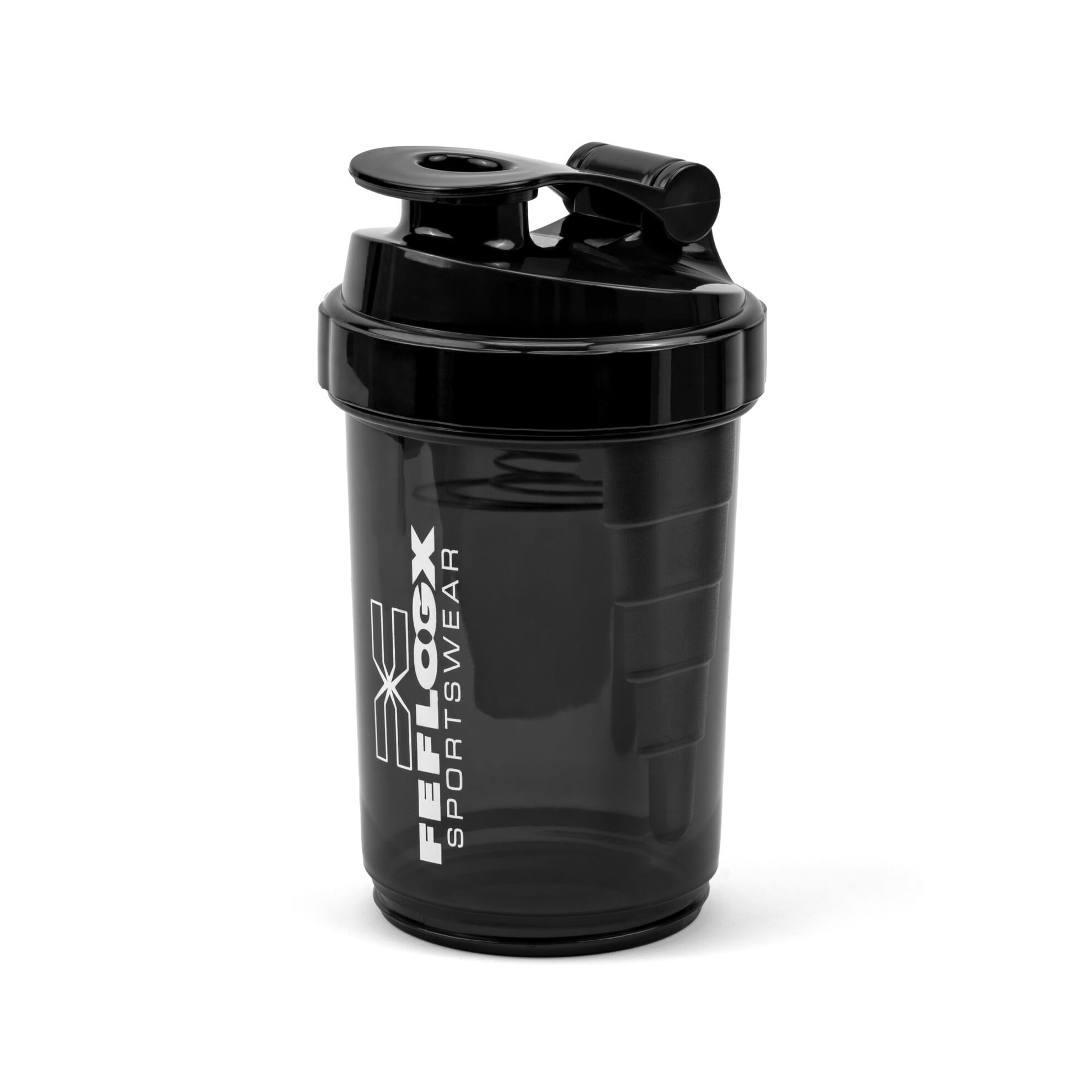 FEFLOGX Sportswear FFX Eiweiß Shaker Multi Boost High Performance, mit 2 Fächern für Pulver & Tabletten / Supplements etc., höchste Qualität mit hochwertigem Drehverschluss & herausnehmbarem, erstklassigem Edelstahl-Feder-Sieb für supercremige Shakes, 750ml / 20oz, frei von BPA & DEHP, Mixer, enorm langlebig & verlässlich auslaufsicher, vordere, Shakemixer, Eiweiß Shaker, Protein Shaker mit Pulverfach, Eiweißshaker, Shake Mixer, recycelbar, Vorderansicht, Skala 500ml Foto_3. FFX Eiweiß Shaker Multi Boost