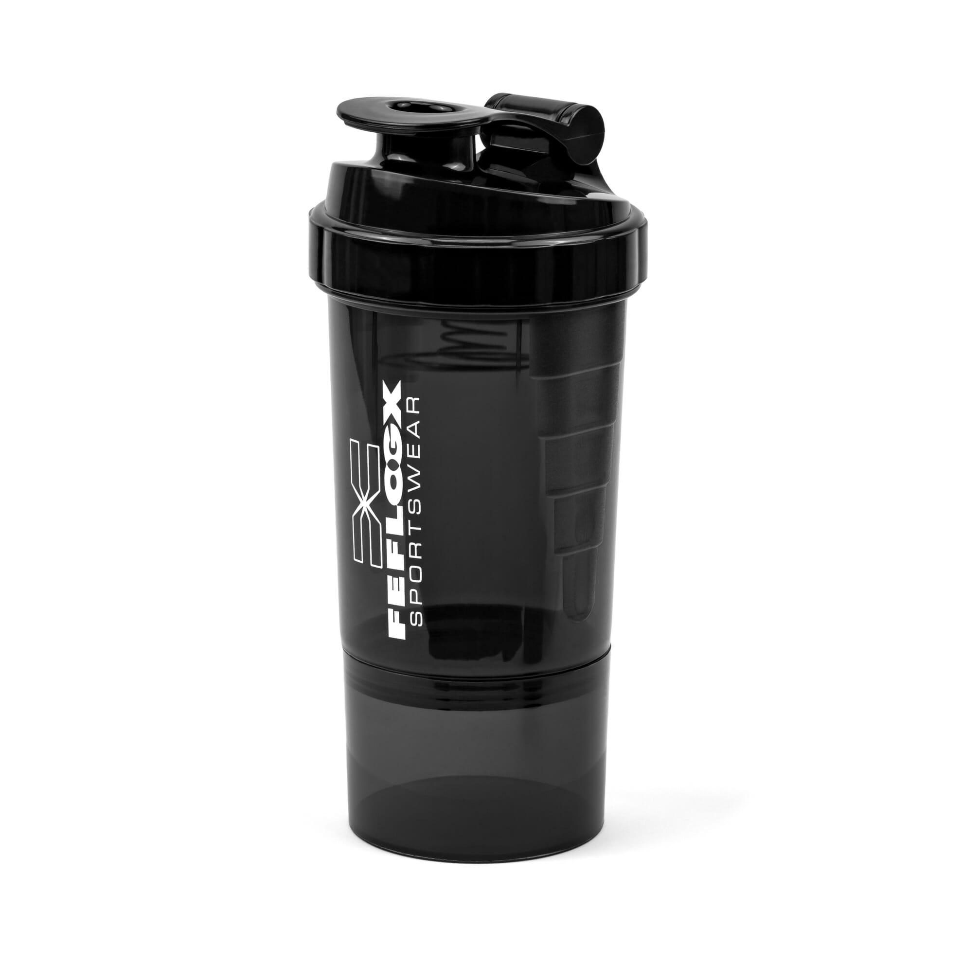 FEFLOGX Sportswear FFX Eiweiß Shaker Multi Boost High Performance, mit 2 Fächern für Pulver & Tabletten / Supplements etc., höchste Qualität mit hochwertigem Drehverschluss & herausnehmbarem, erstklassigem Edelstahl-Feder-Sieb für supercremige Shakes, 750ml / 20oz, frei von BPA & DEHP, Mixer, enorm langlebig & verlässlich auslaufsicher, vordere, Shakemixer, Eiweiß Shaker, Protein Shaker mit Pulverfach, Eiweißshaker, Shake Mixer, recycelbar, Vorderansicht, Skala 500ml Foto_4. FFX Eiweiß Shaker Multi Boost