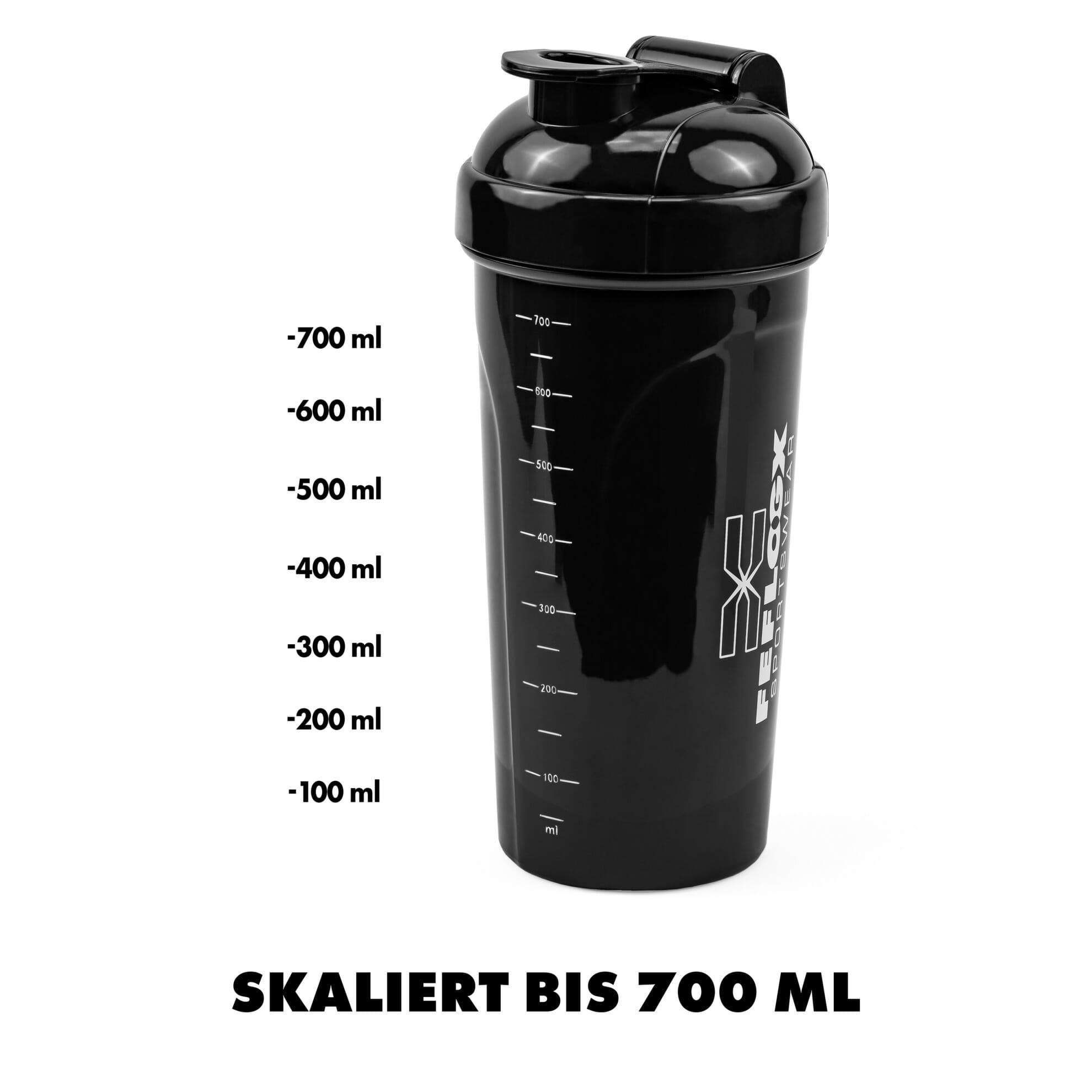 FEFLOGX Sportswear Protein Shaker Performance, höchste Qualität mit hochwertigem Drehverschluss &herausnehmbarem, erstklassigem Sieb für supercremige Shakes, 750ml / 20oz, frei von BPA & DEHP, Mixer, enorm langlebig & verlässlich auslaufsicher, vordere, Shakemixer, Eiweiß Shaker, Proteinshaker, Eiweißshake Mixer, recycelbar, Vorderansicht, Skala 750ml Foto_1. FFX Protein Shaker High Performance