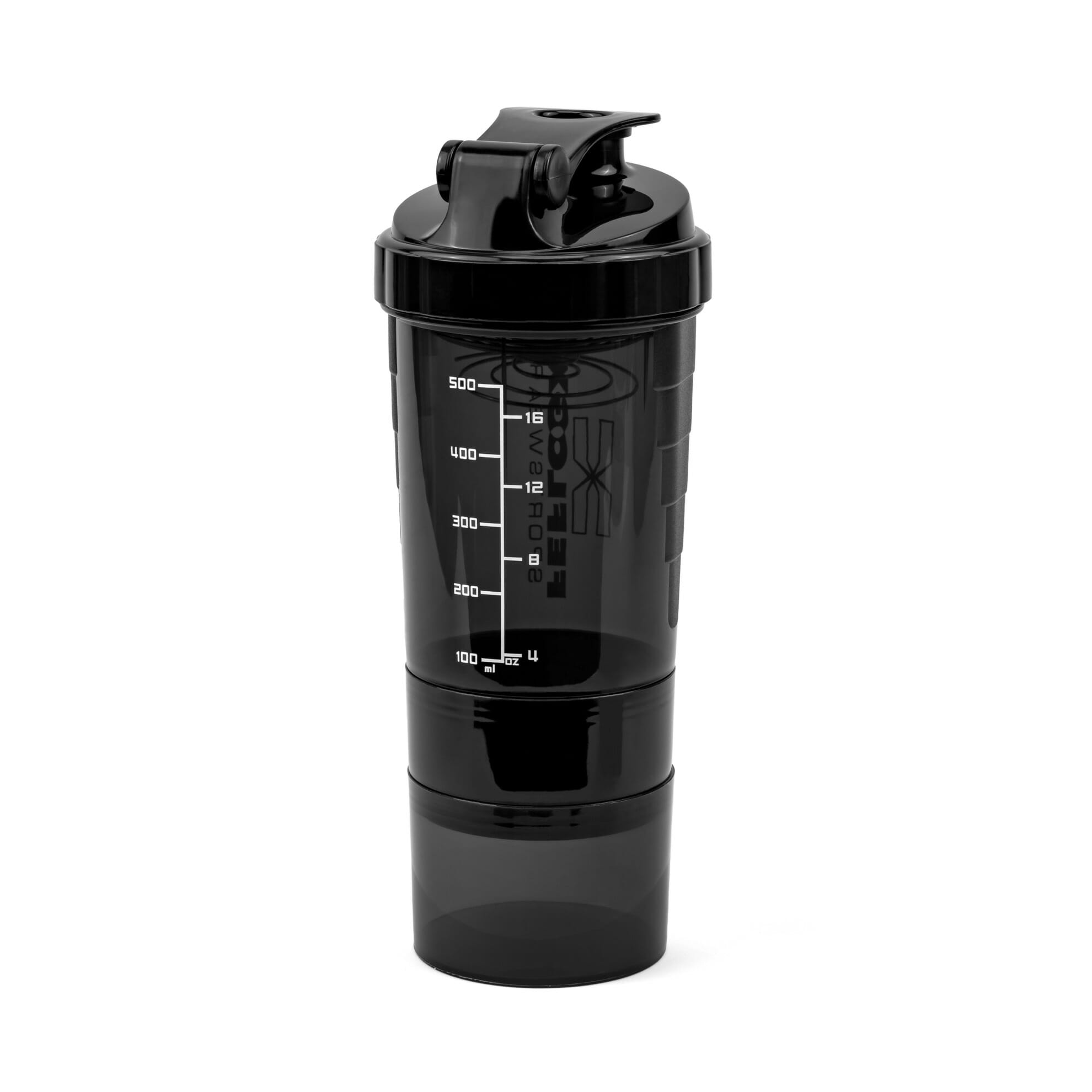 FEFLOGX Sportswear FFX Eiweiß Shaker Multi Boost High Performance, mit 2 Fächern für Pulver & Tabletten / Supplements etc., höchste Qualität mit hochwertigem Drehverschluss & herausnehmbarem, erstklassigem Edelstahl-Feder-Sieb für supercremige Shakes, 750ml / 20oz, frei von BPA & DEHP, Mixer, enorm langlebig & verlässlich auslaufsicher, vordere, Shakemixer, Eiweiß Shaker, Protein Shaker mit Pulverfach, Eiweißshaker, Shake Mixer, recycelbar, Vorderansicht, Skala 500ml Foto_5. FFX Eiweiß Shaker Multi Boost